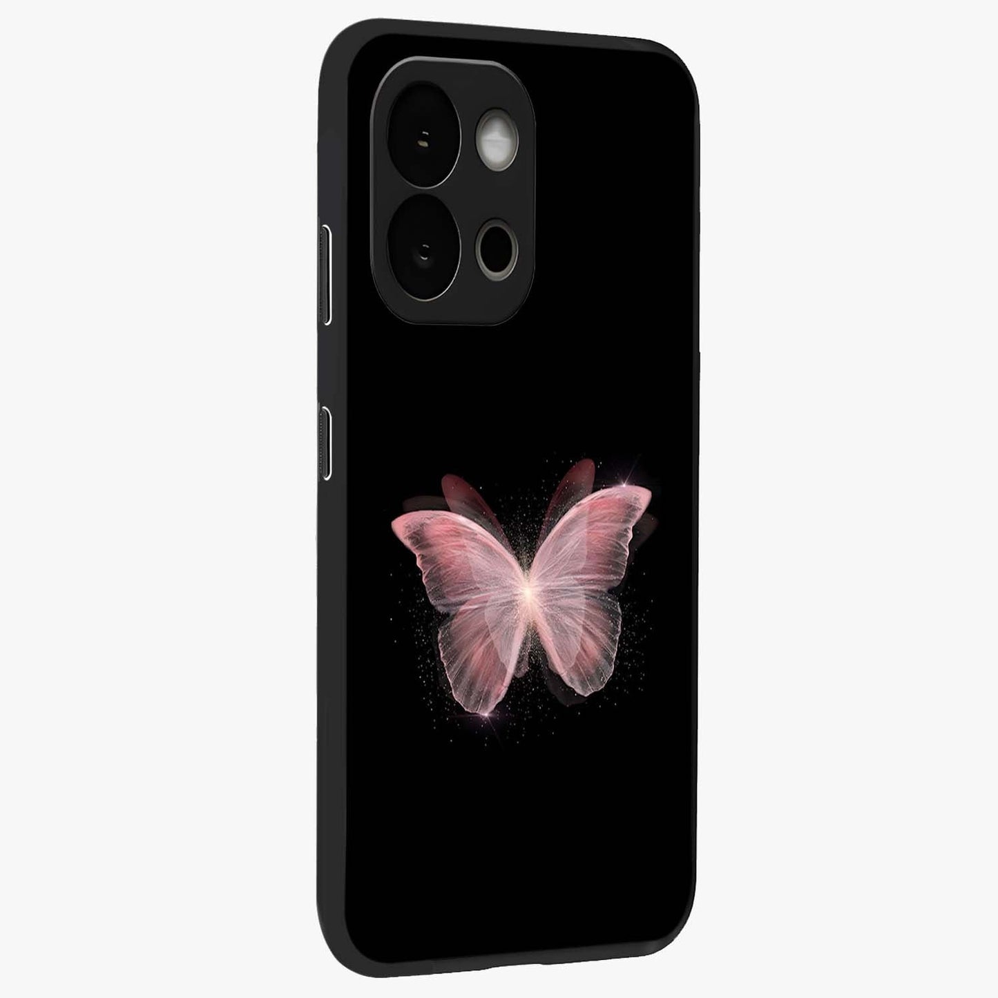 Celestial Wings Butterfly Glass Case for 1+13S side perspective highlighting intricate butterfly textures and smooth edges