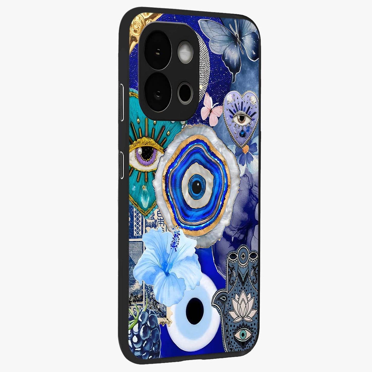 Crimson Evil Eye Charm Glass Case for 1+13S side perspective highlighting intricate charm design and smooth edges