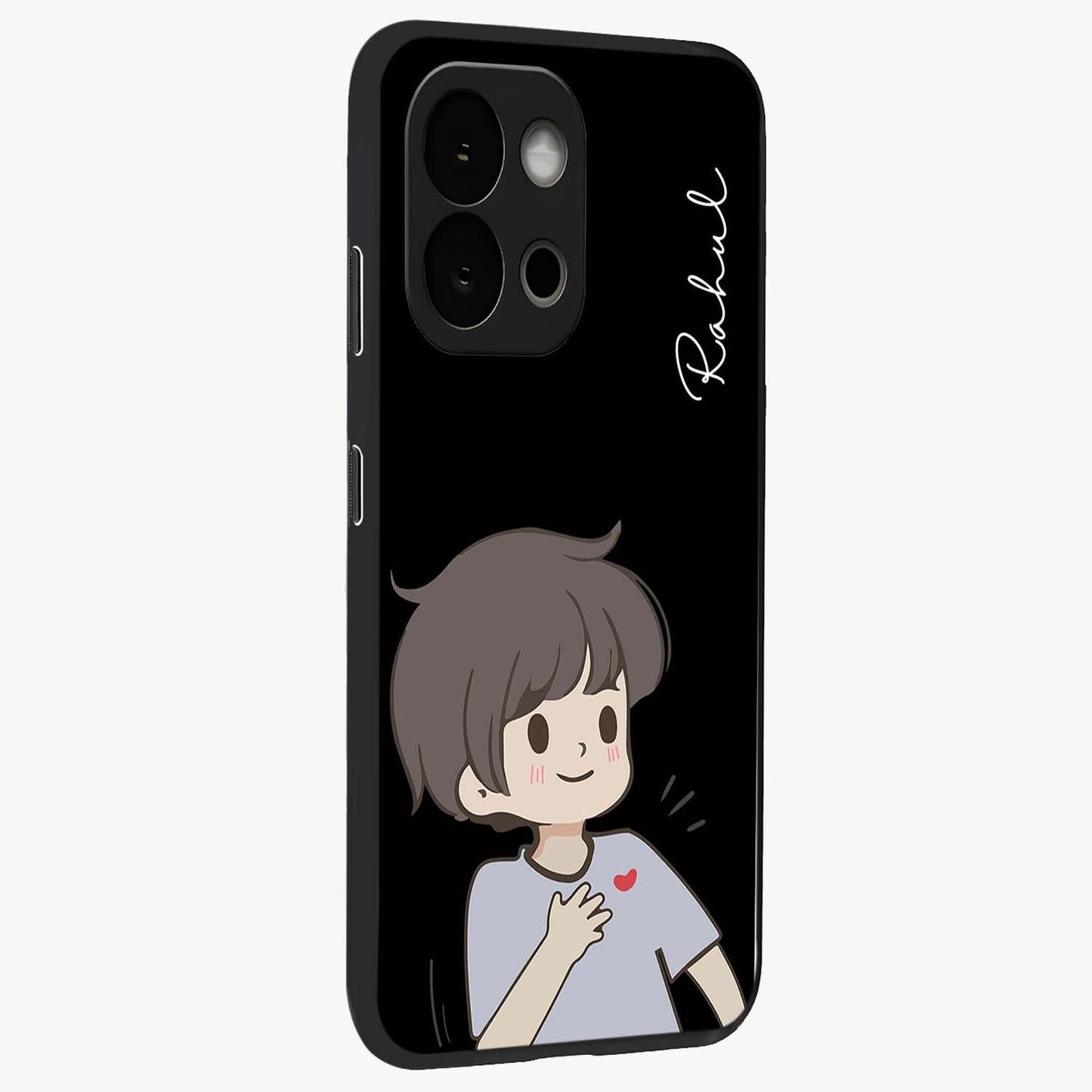 Cute Boy Heart Reaction Glass Case for 1+13S side perspective highlighting expressive illustration details and premium edges