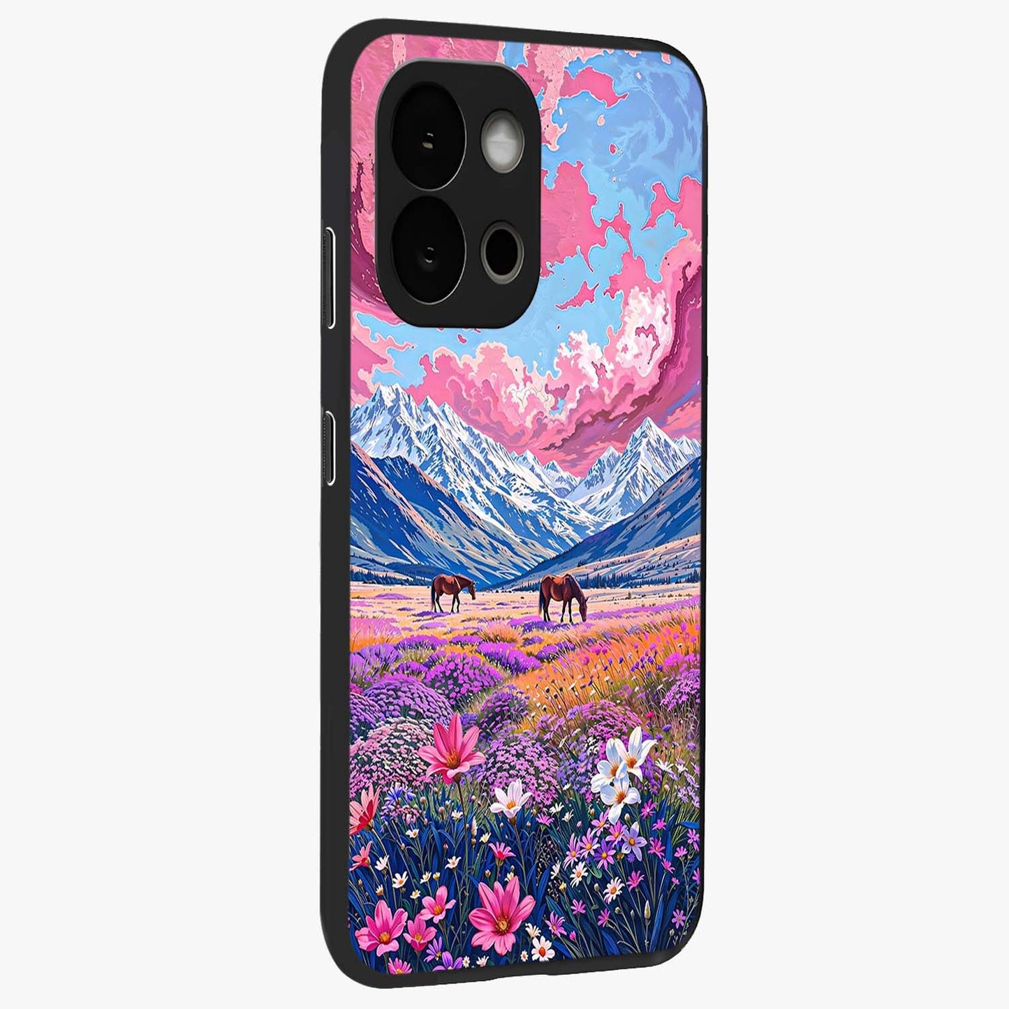 Dreamy Floral Pastures Glass Case for 1+13S side perspective highlighting calming floral detailing and sleek build
