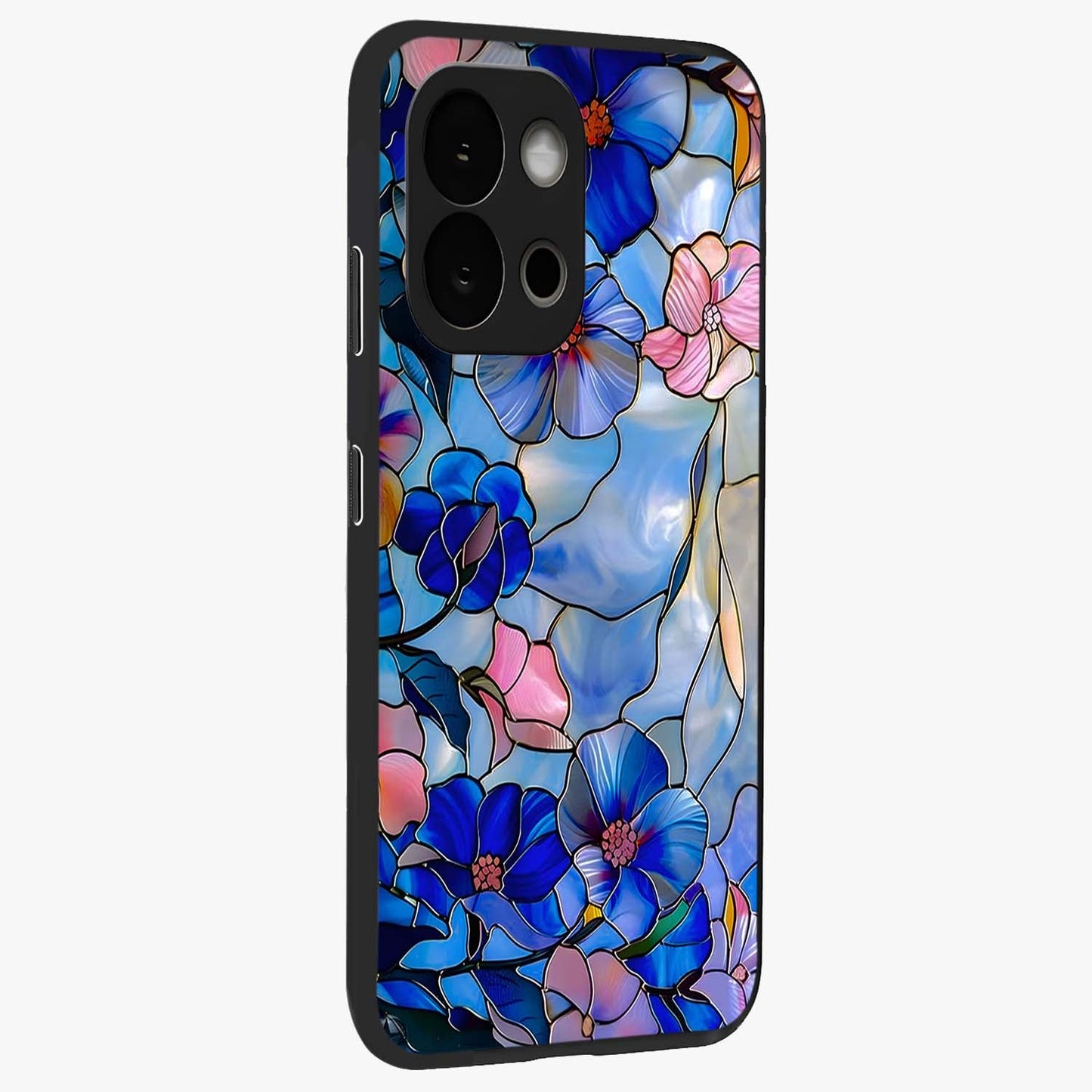 Eternal Floral Stained Glass Case for 1+13S side perspective highlighting colorful floral detailing and premium edge finish