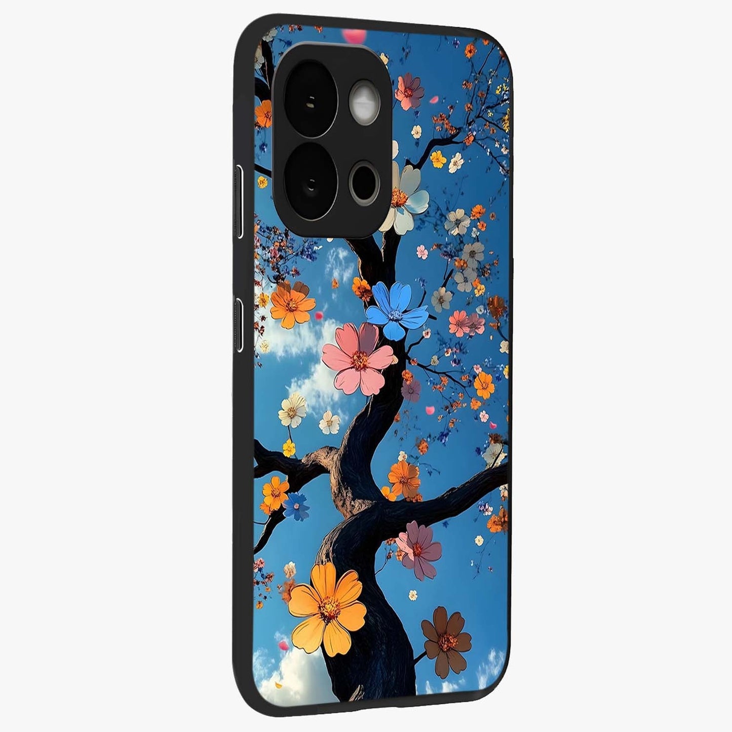 Floral Tree Glass Case for 1+13S side perspective highlighting vibrant floral patterns and sleek edges