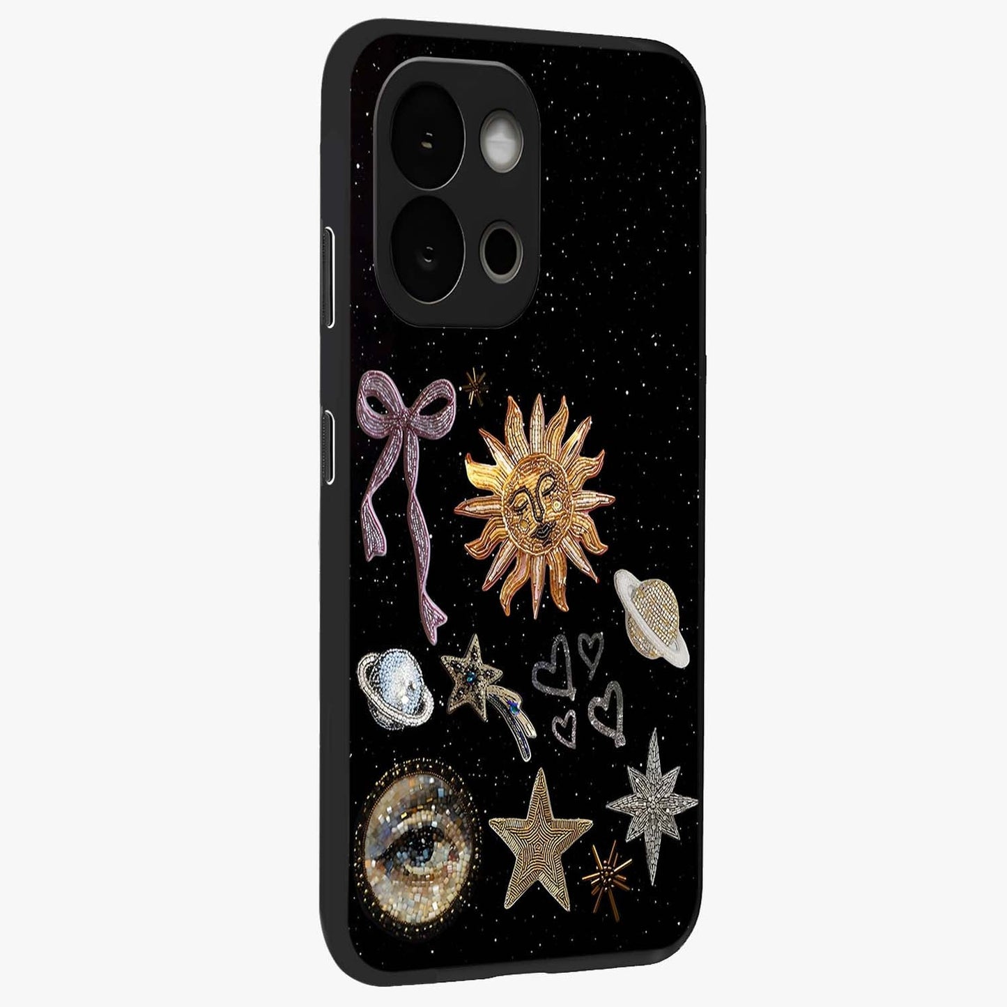 Galactic Sun Charm Glass Case for 1+13S side perspective highlighting glowing sun detailing and premium edge finish