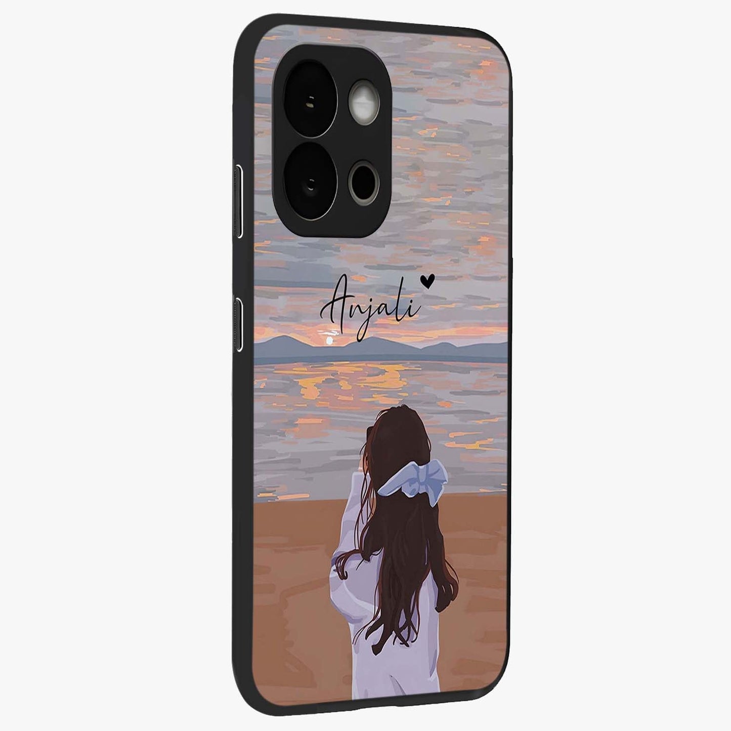 Girl Facing Sunset Beach Glass Case for 1+13S side perspective highlighting calming sunset gradients and smooth edges
