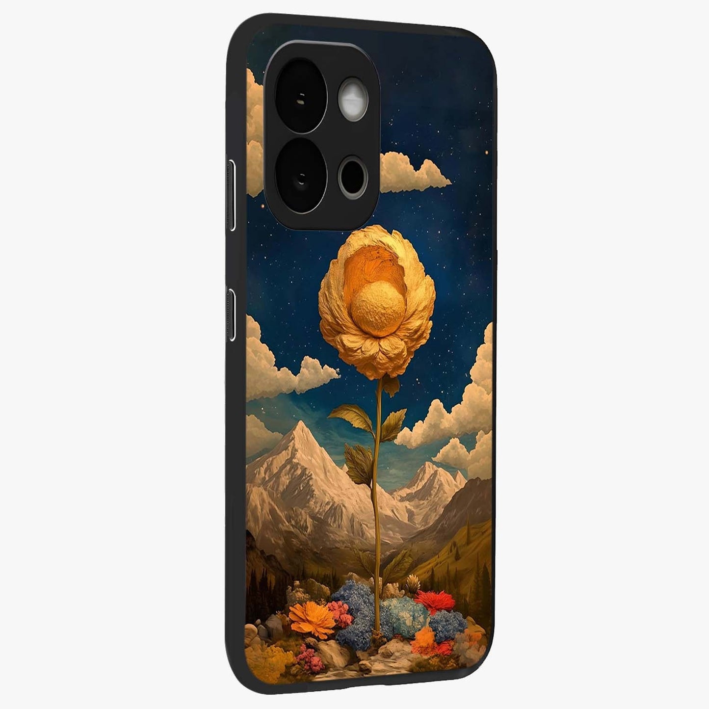 Golden Blossom Elegance Glass Case for 1+13S side perspective highlighting delicate floral textures and sleek build