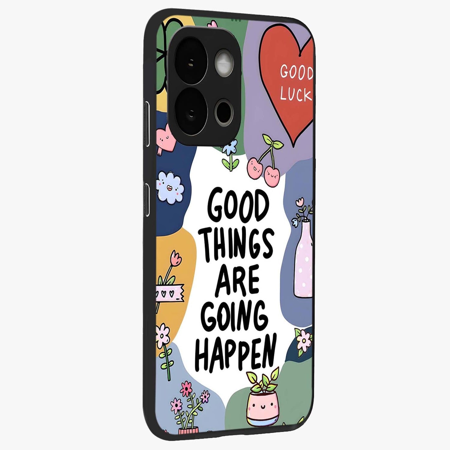 Good Thing Quote Glass Case for 1+13S side perspective highlighting bold text detailing and sleek premium build