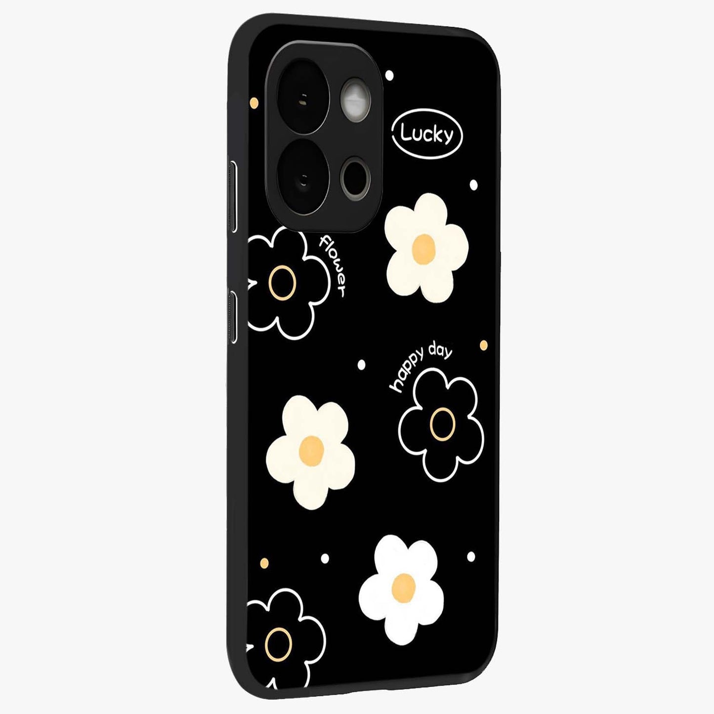 Happy Day Daisy Glass Case for 1+13S side perspective highlighting fresh floral textures and premium edges