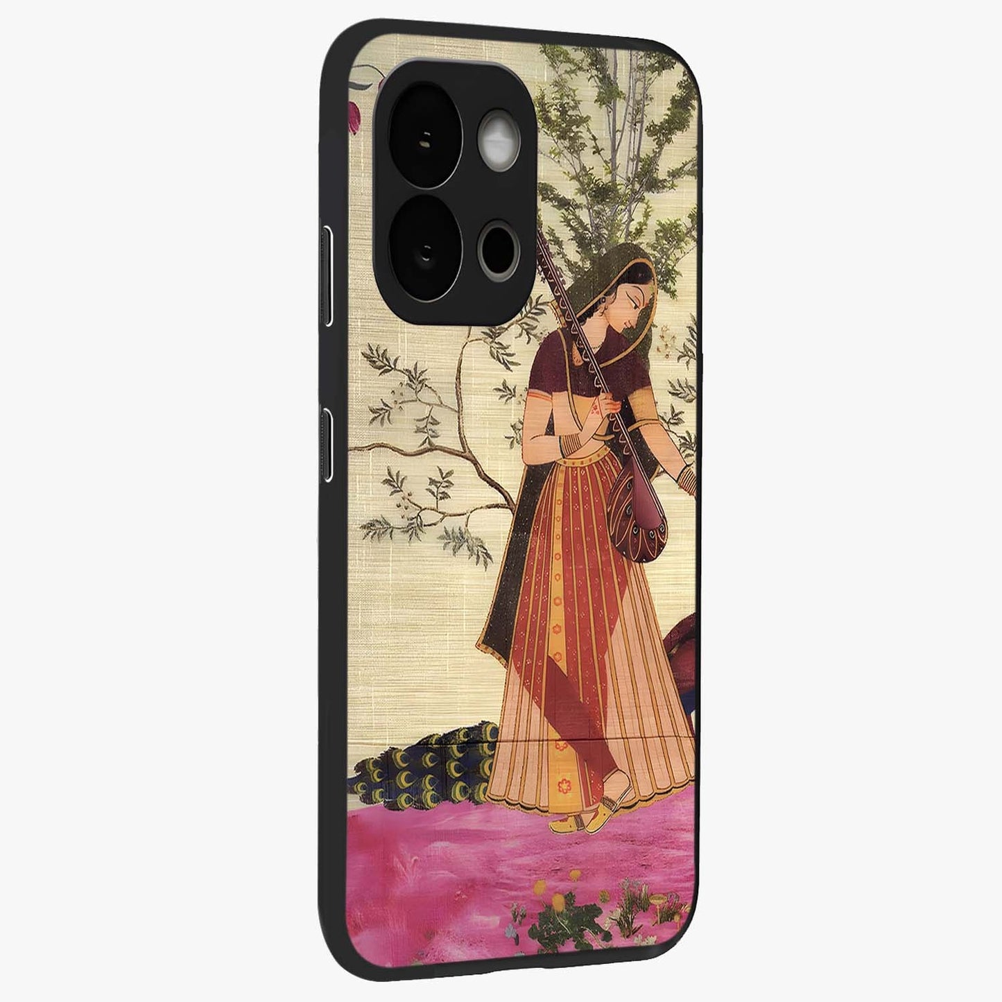 Lady With Veena Art Glass Case for 1+13S side perspective highlighting graceful illustration textures and sleek build