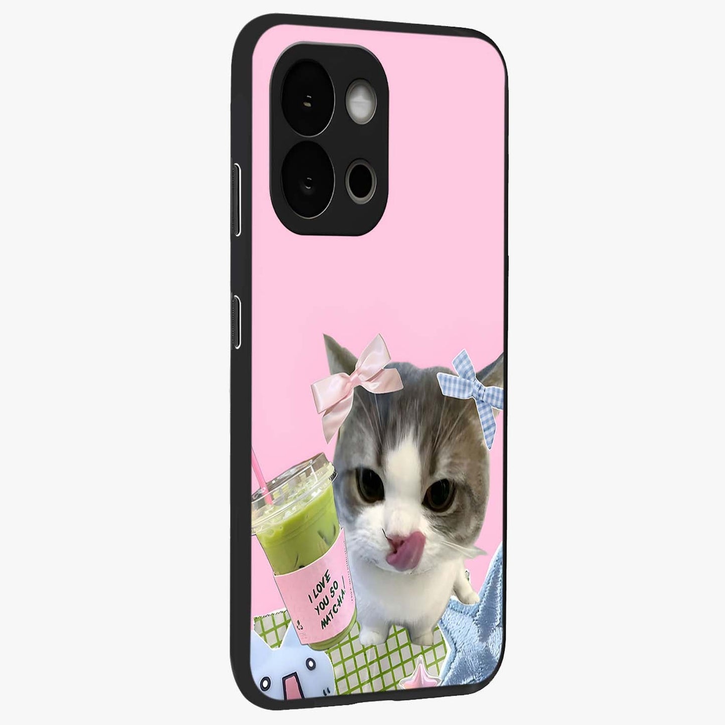 Love Matcha Cat Glass Case for 1+13S side perspective highlighting charming feline textures and smooth edges