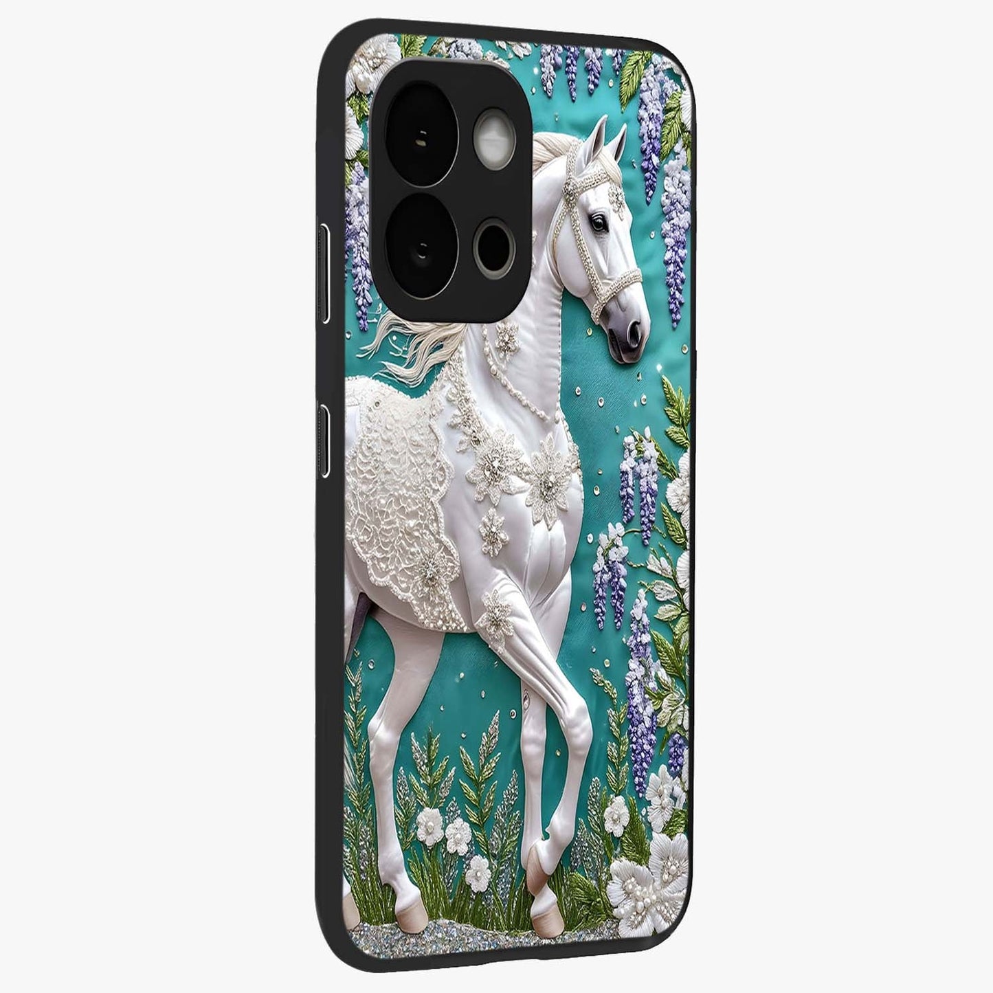 Majestic Floral Stallion Glass Case for 1+13S side perspective highlighting refined equestrian textures and premium edges