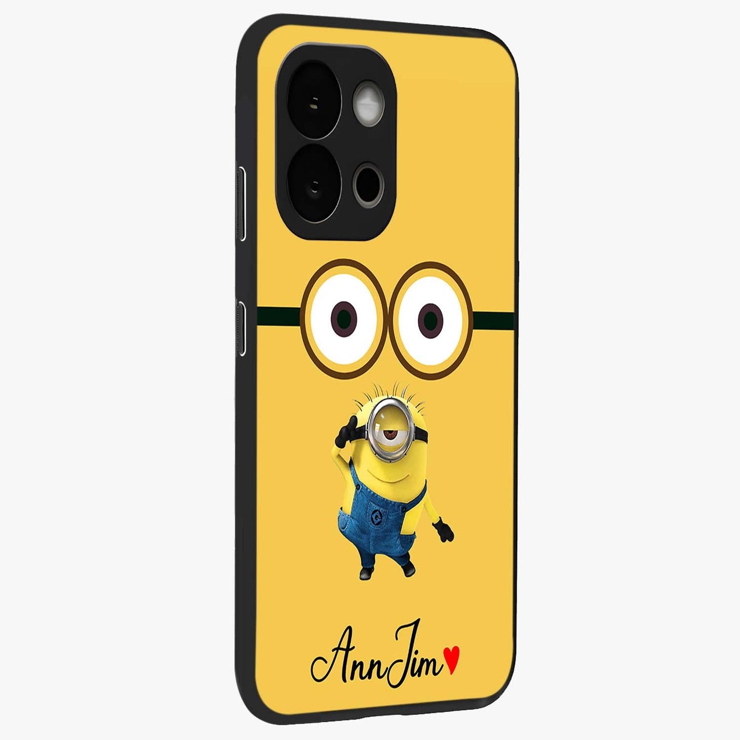 Minion Custom Name Glass Case for 1+13S side perspective highlighting custom typography and smooth premium build
