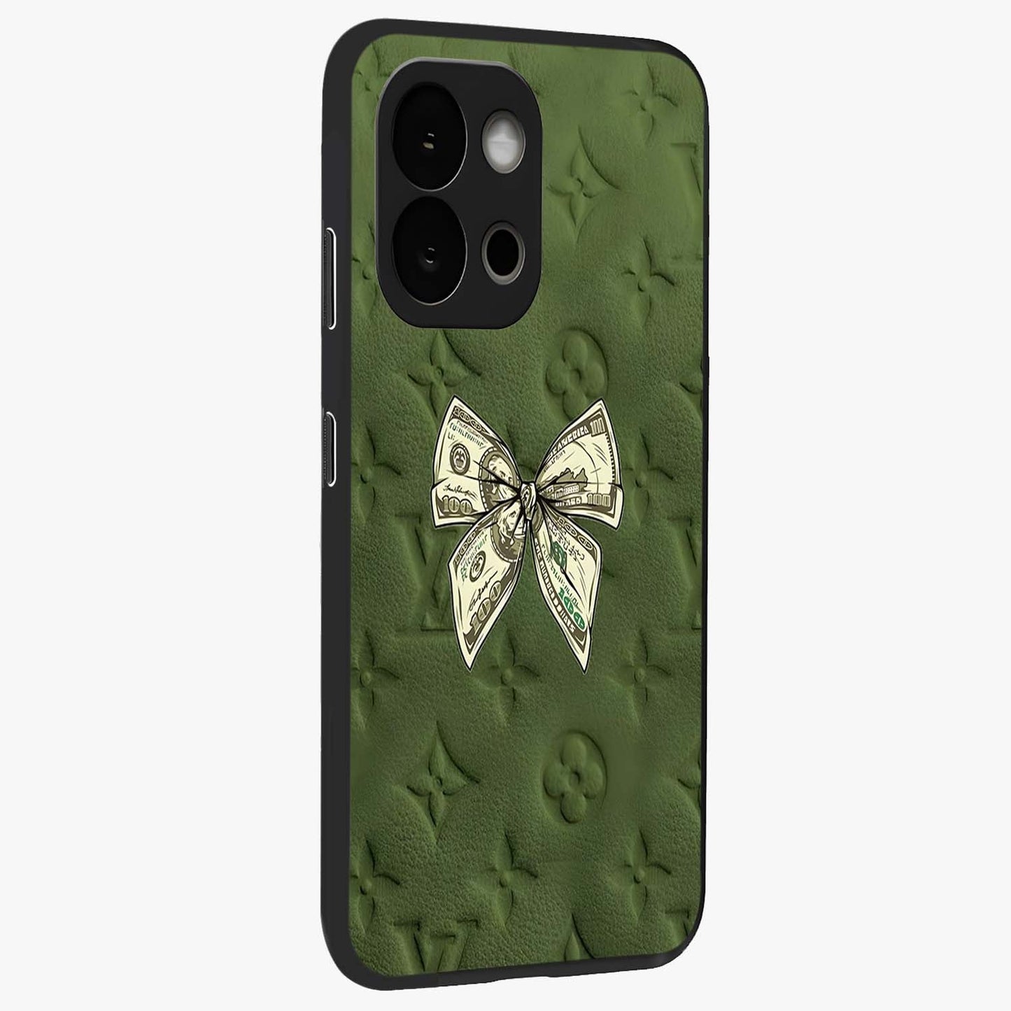 Money Bow Lv Glass Case for 1+13S side perspective highlighting stylish textures and sleek build