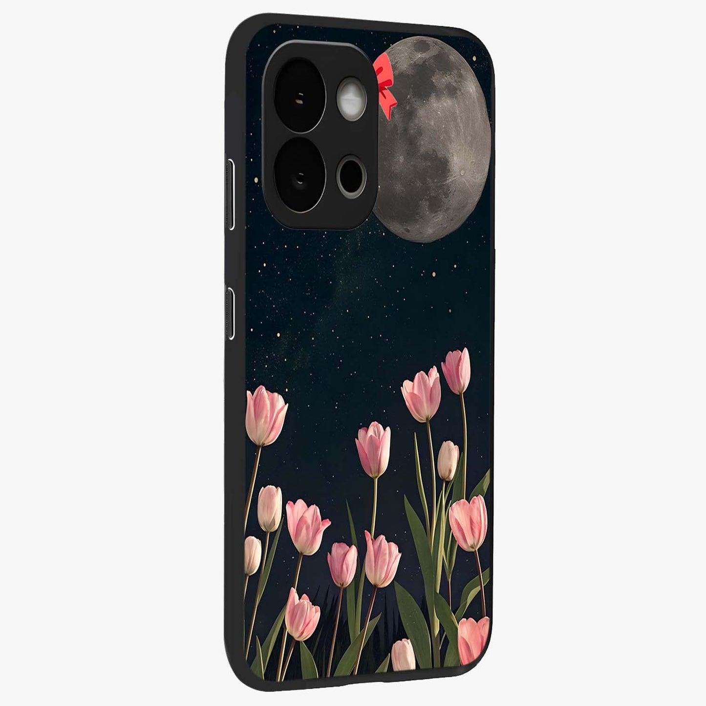 Moonlit Night Tulip Glass Case for 1+13S side perspective highlighting delicate petal textures and sleek build