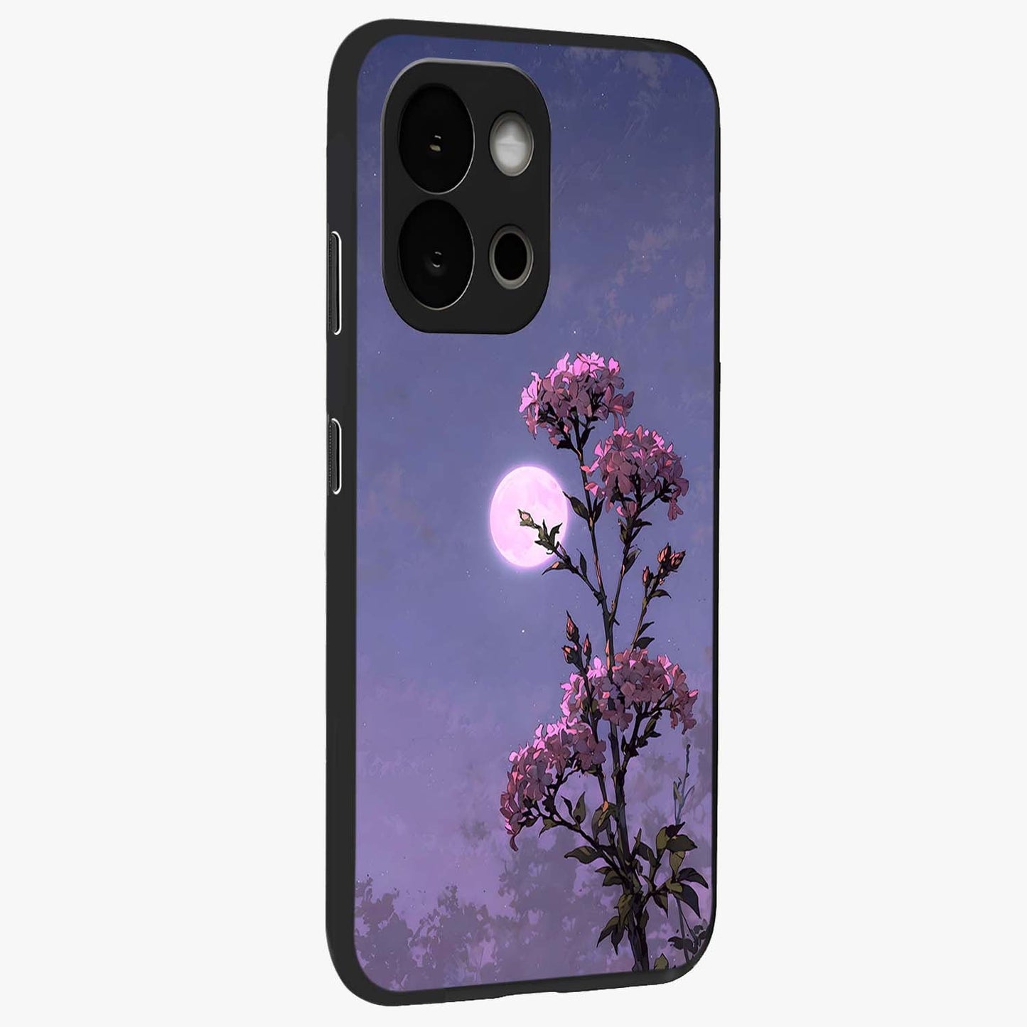 Moonlit Petal Night Glass Case for 1+13S side perspective highlighting graceful petal textures and smooth build