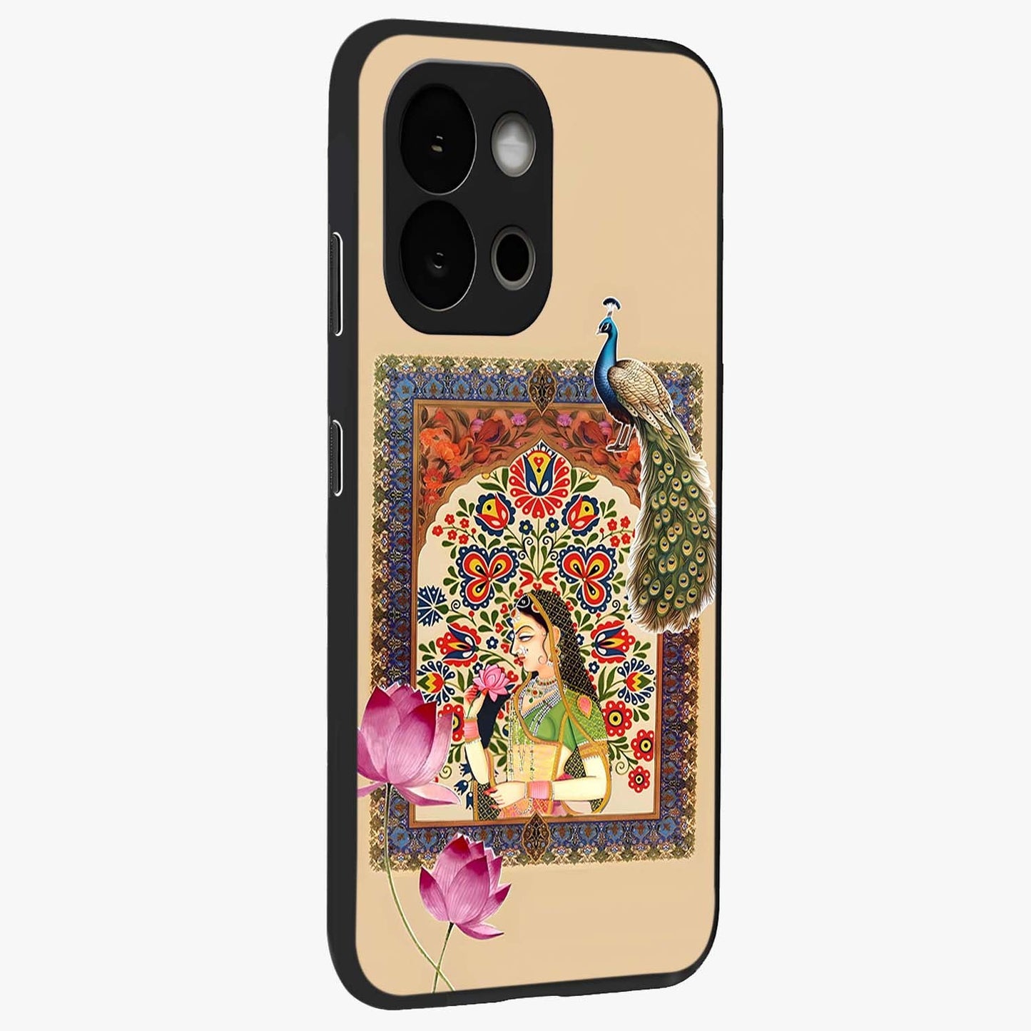 Mughal Princess and Peacock Glass Case for 1+13S side perspective highlighting detailed cultural textures and smooth premium build