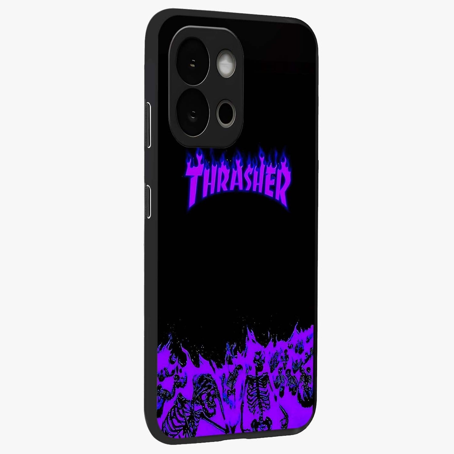 Neon Flame Riot Glass Case for 1+13S side perspective highlighting fiery detailing and sleek premium build