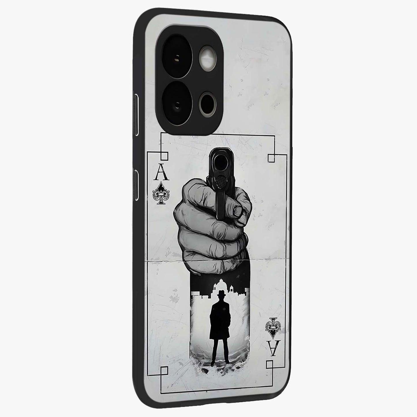 Noir Trigger Fate Glass Case for 1+13S side perspective highlighting strong contrast textures and premium edges