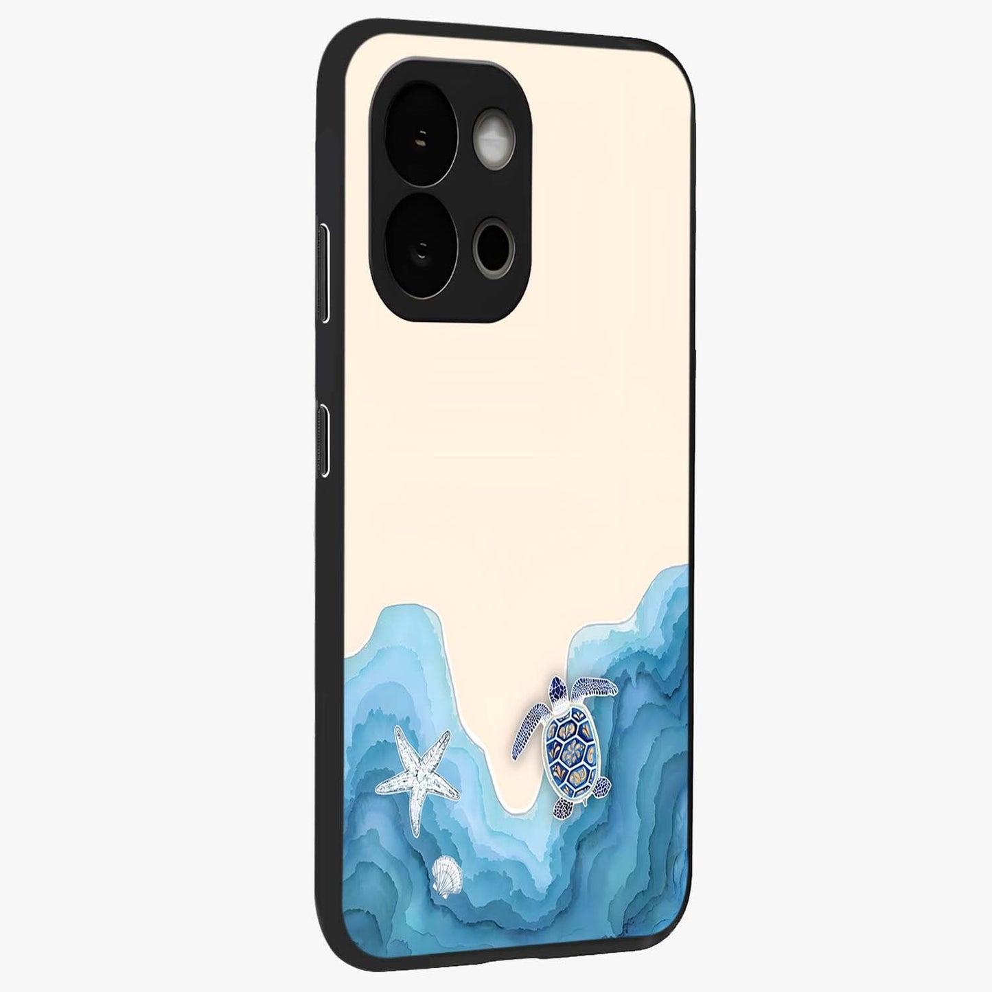 Ocean Drift Turtle Glass Case for 1+13S side perspective highlighting aquatic textures and premium edges