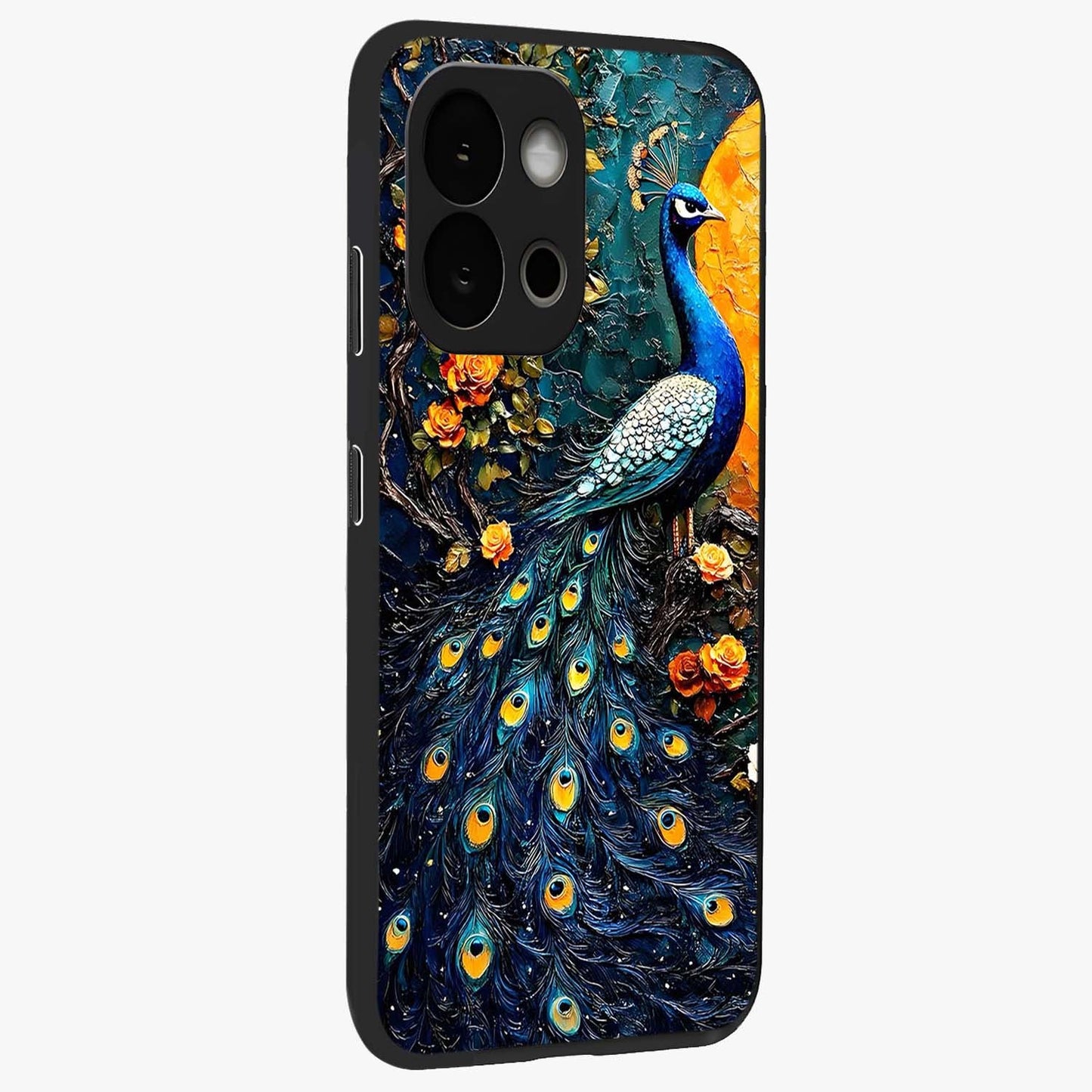 Peacock With Yellow Moon Glass Case for 1+13S side perspective highlighting vibrant plumage detailing and premium edges