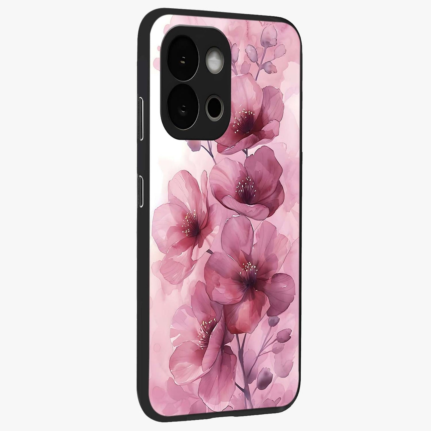 Pink Floral Glass Case for 1+13S side perspective highlighting subtle floral textures and premium edges