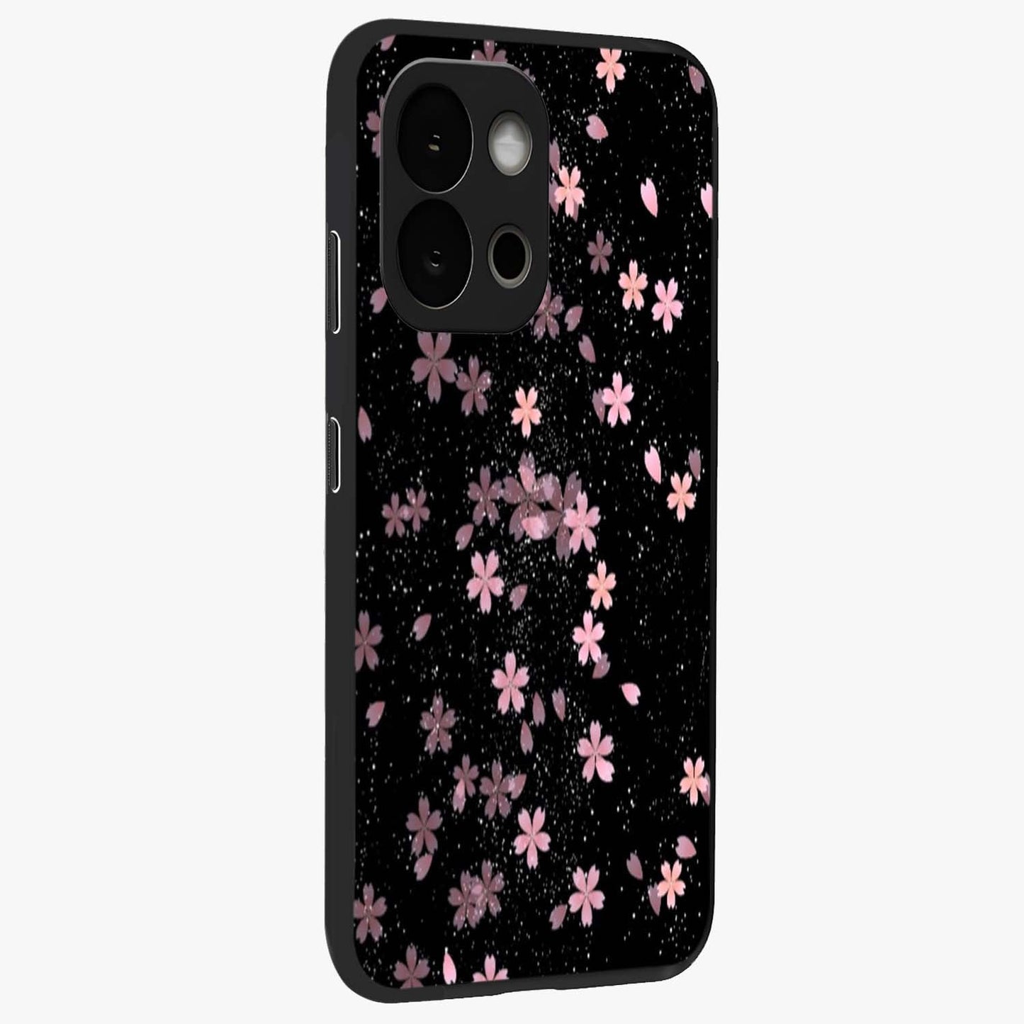 Pink Flower Black Background Glass Case for 1+13S side perspective highlighting vivid bloom textures and sleek build