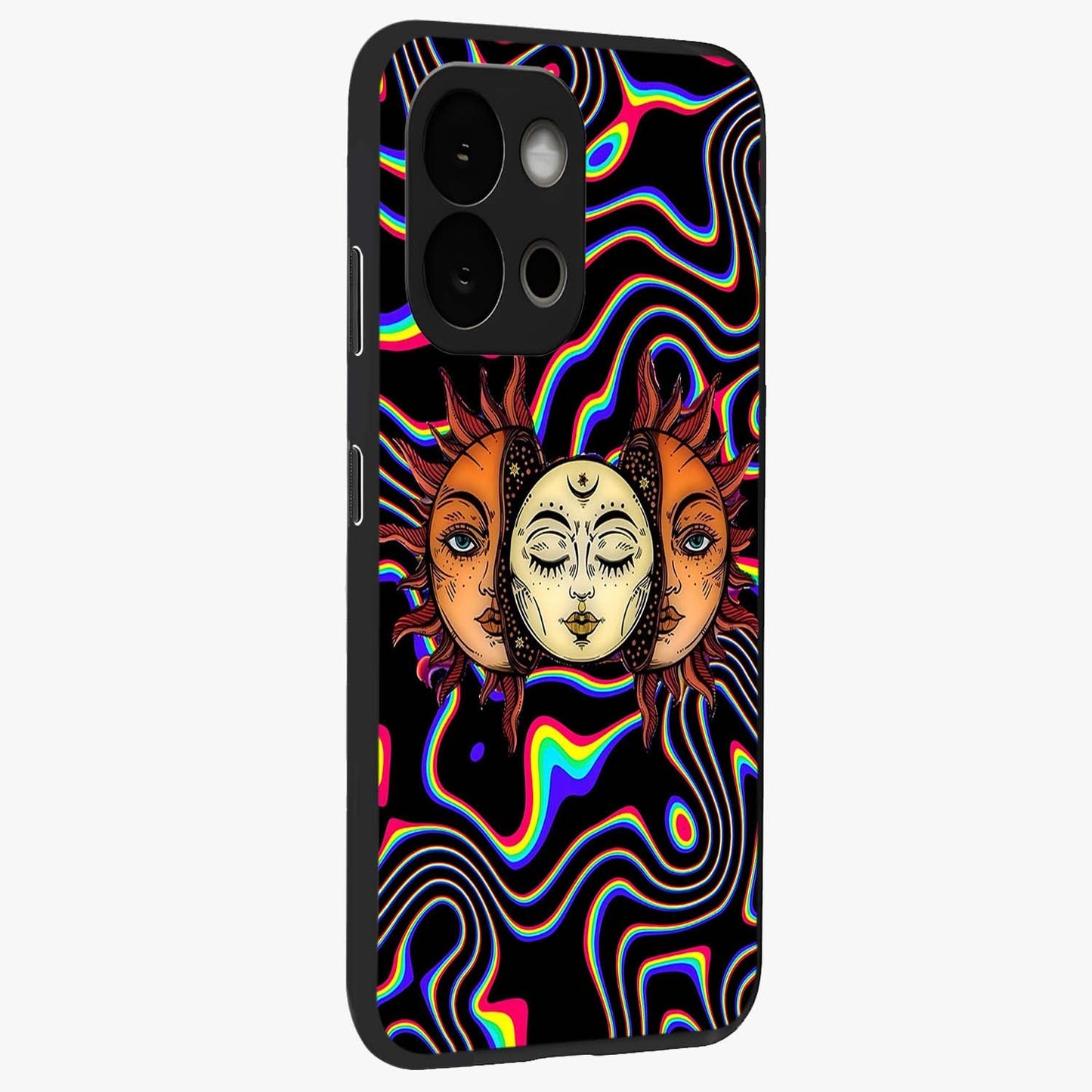 Psychedelic Sun Glass Case for 1+13S side perspective highlighting vivid gradients and premium edge finish