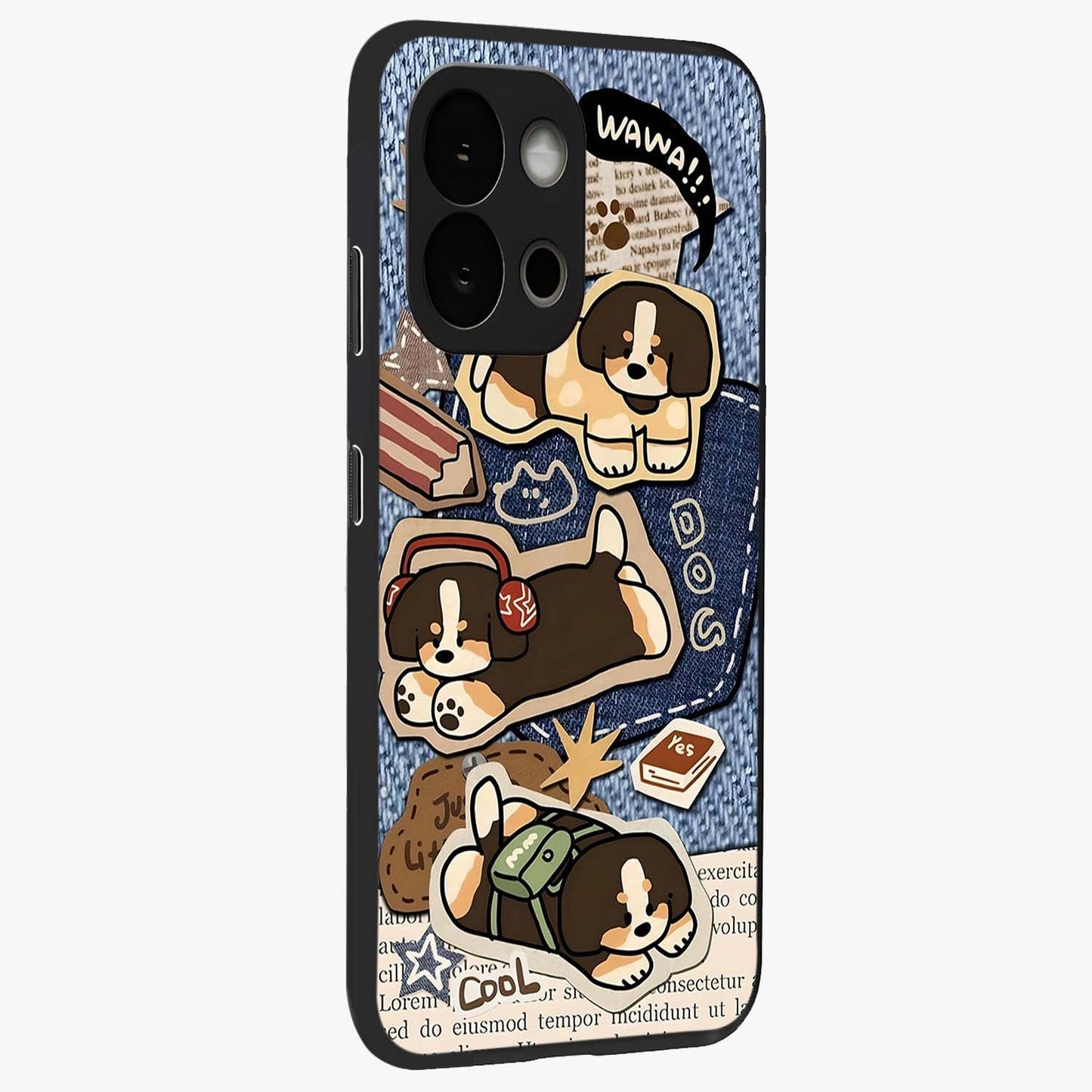 Puppy Sticker Parade Glass Case for 1+13S side perspective highlighting fun sticker textures and premium edges