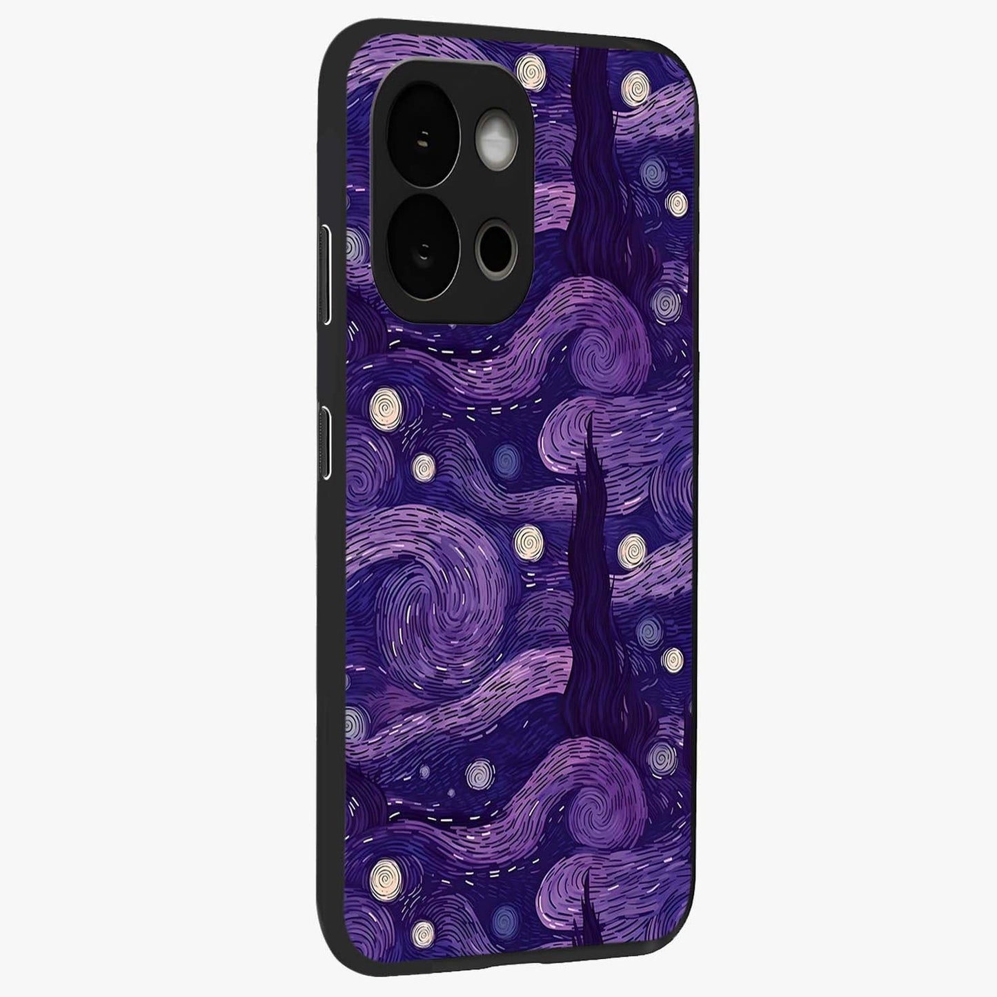 Purple Swirls Glass Case for 1+13S side perspective highlighting fluid textures and sleek premium build