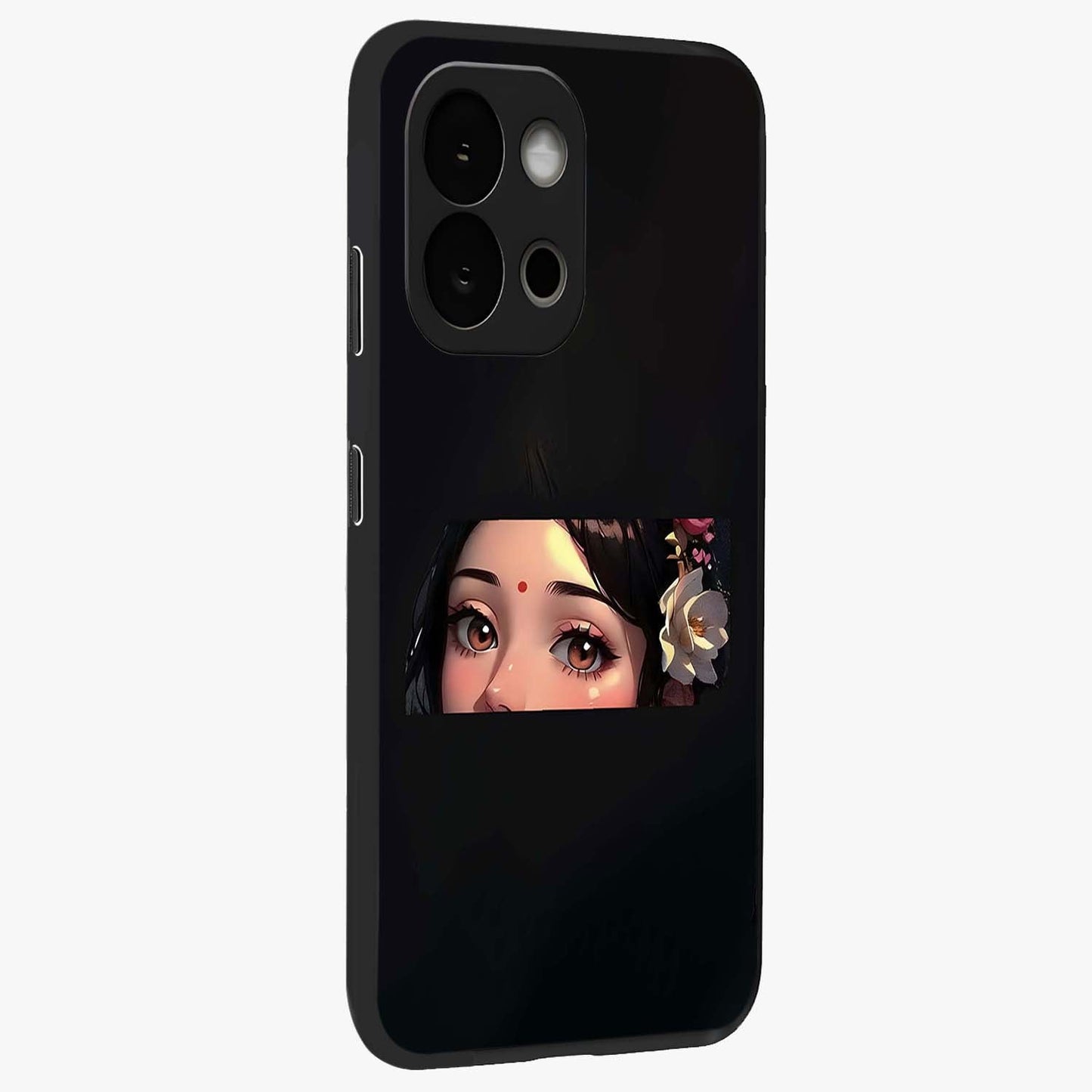 Radha Divine Embrace Glass Case for 1+13S side perspective highlighting intricate divine detailing and premium edges