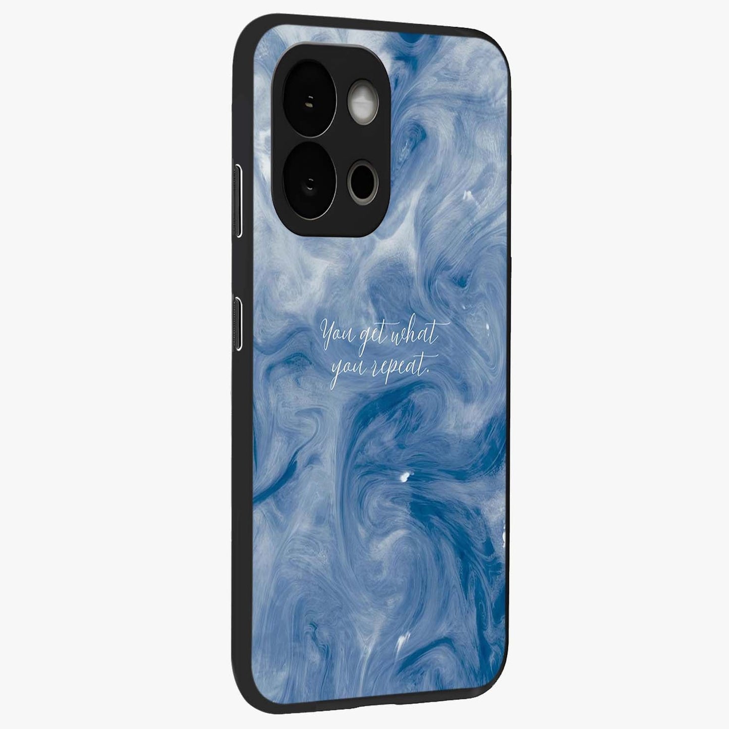 Repeat Your Destiny Glass Case for 1+13S side perspective highlighting strong text textures and premium edges