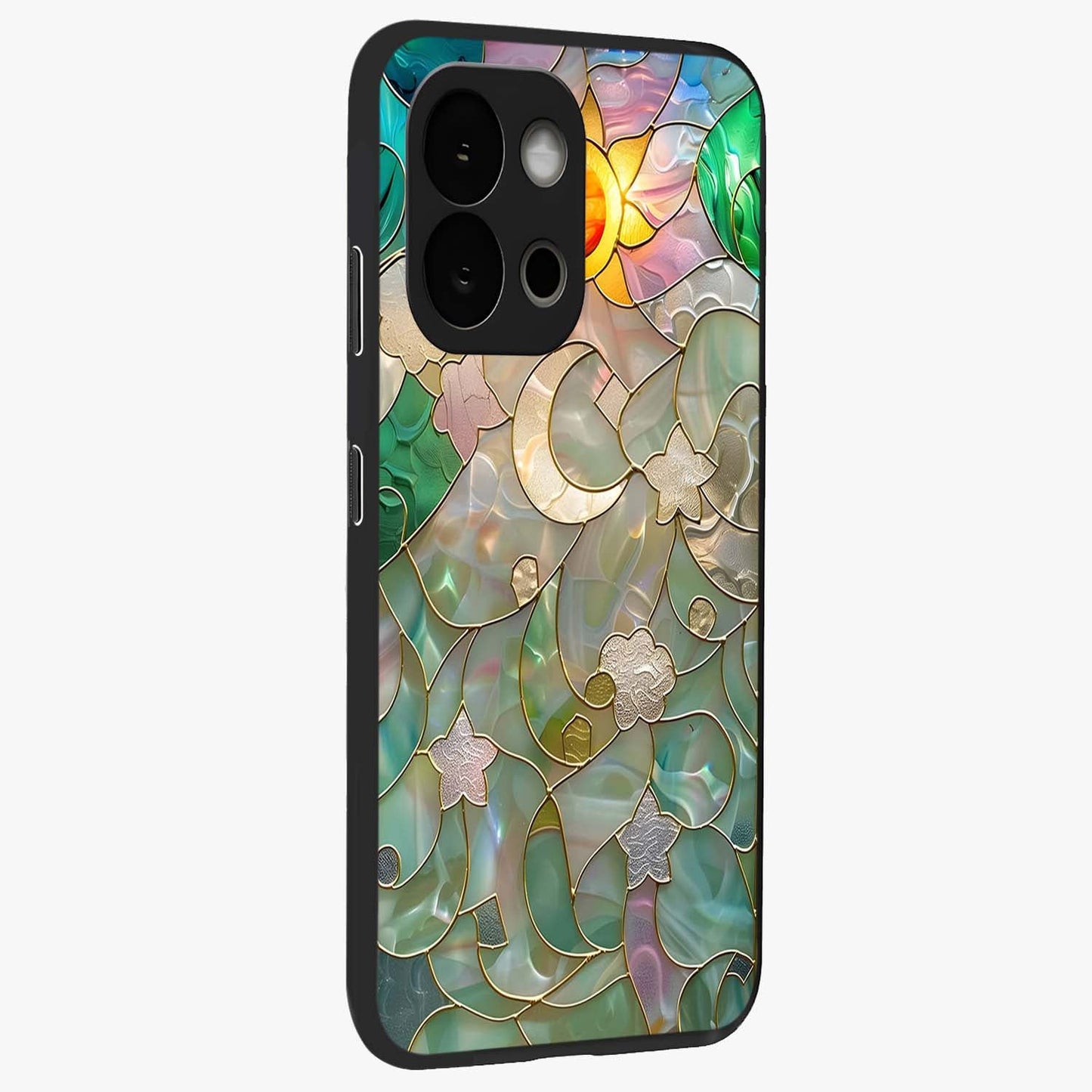 Stained Sunrise Glow Glass Case for 1+13S side perspective highlighting luminous textures and sleek premium build
