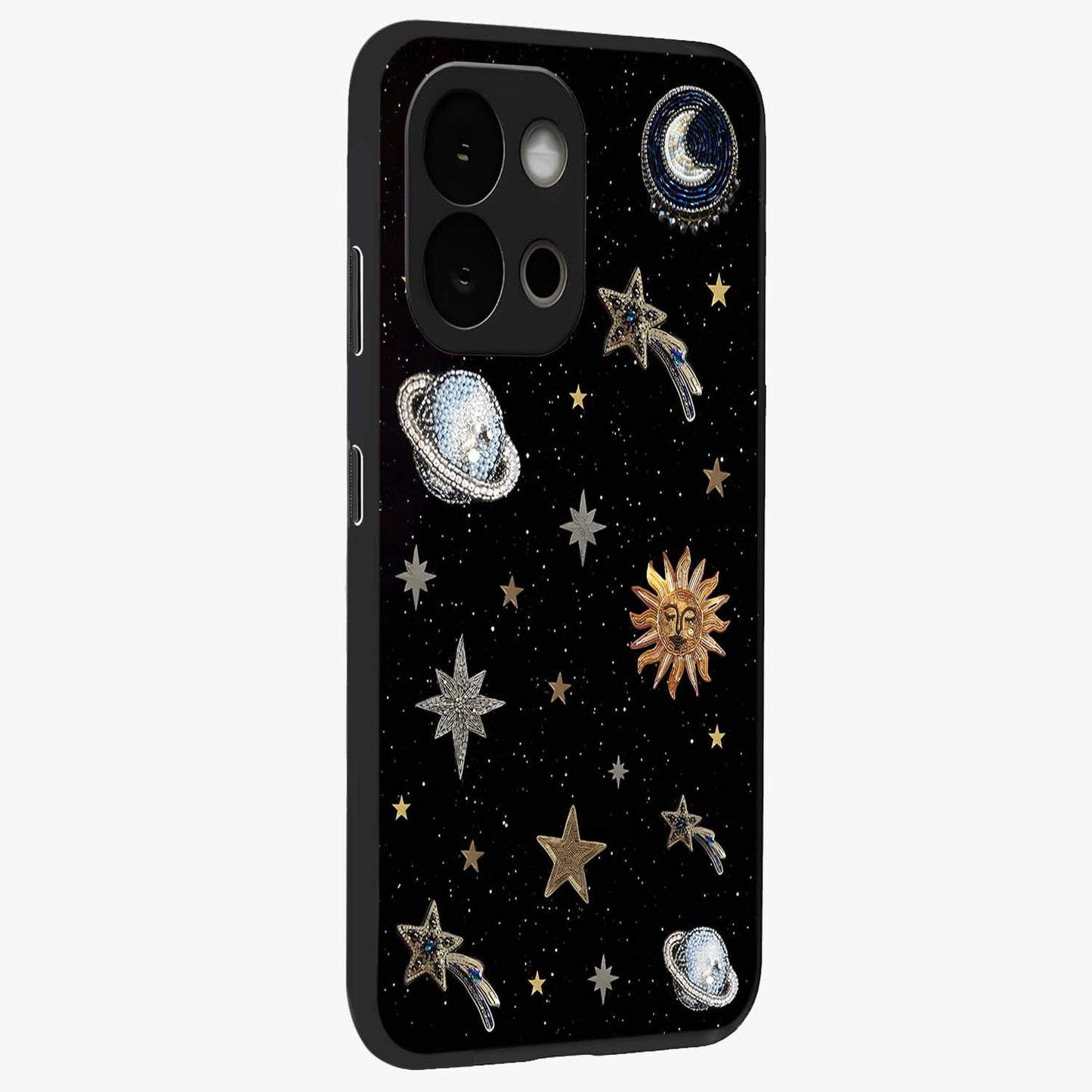 Stars and Planets Brooches Glass Case for 1+13S side perspective highlighting intricate planetary textures and sleek build