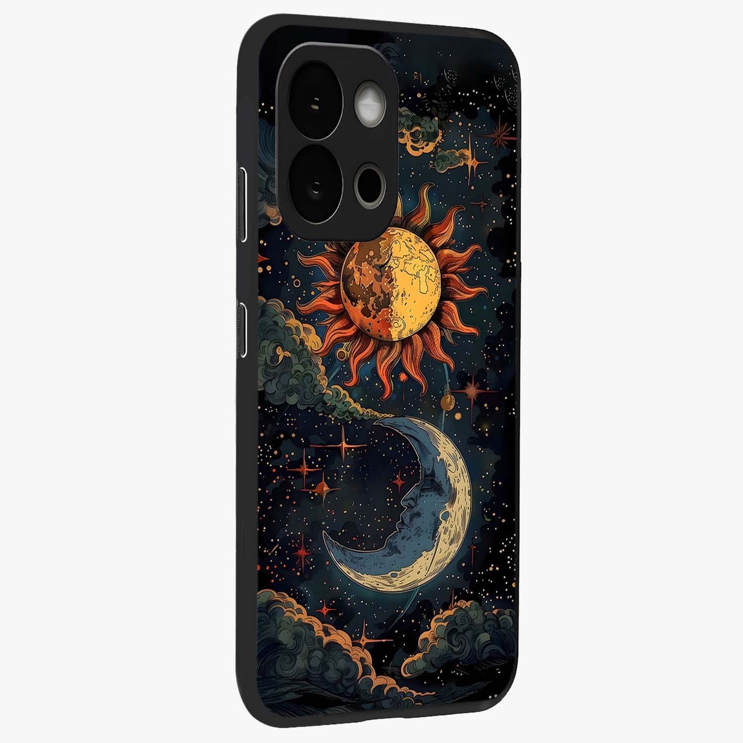 Sun and Moonflowers Glass Case for 1+13S side perspective highlighting colorful bloom textures and smooth build