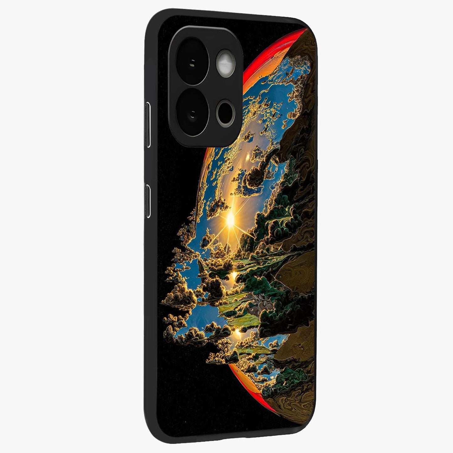 Sunrise Bursting Glass Case for 1+13S side perspective highlighting glowing sky textures and premium edges