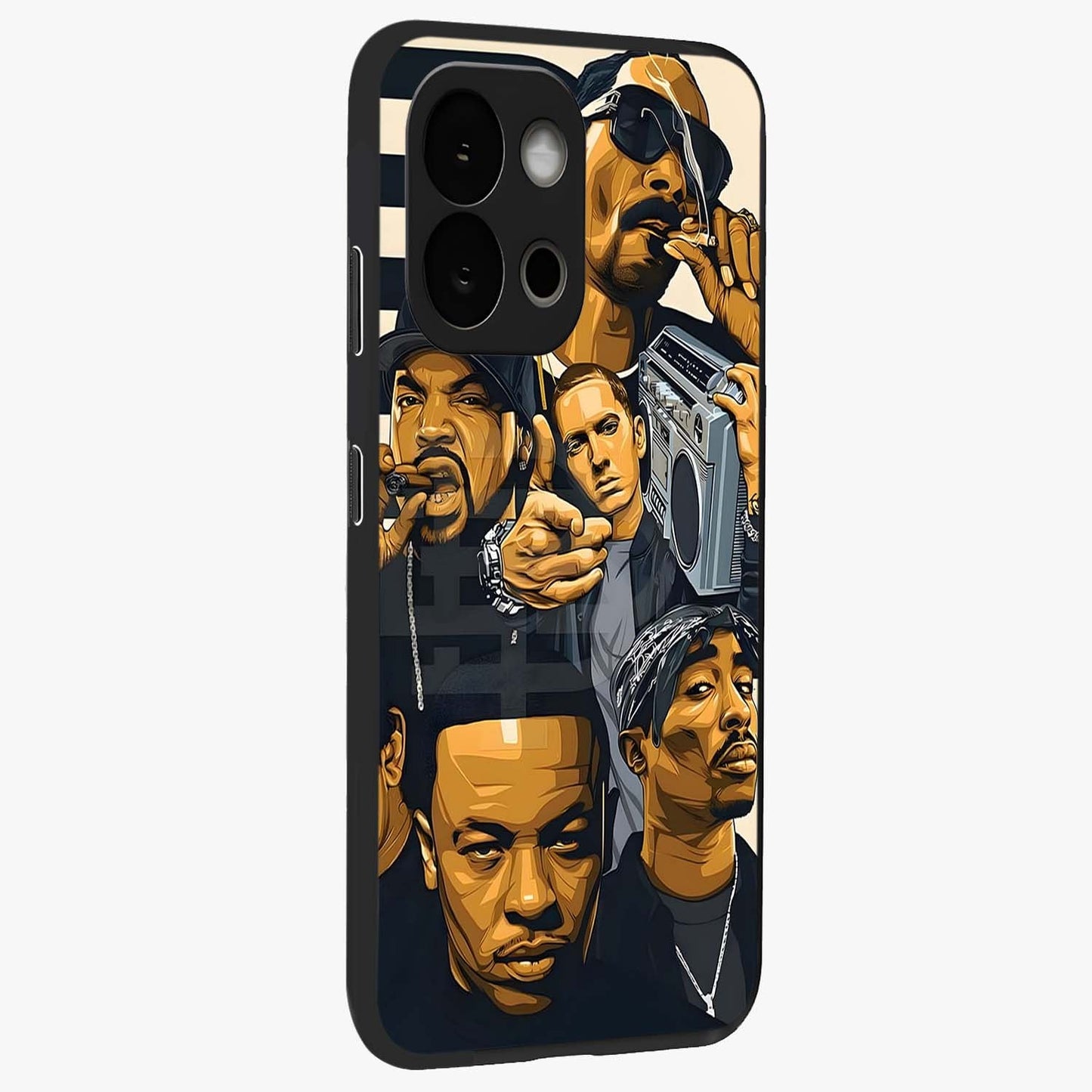 Urban Rap Legends Glass Case for 1+13S side perspective highlighting graphic textures and premium edges