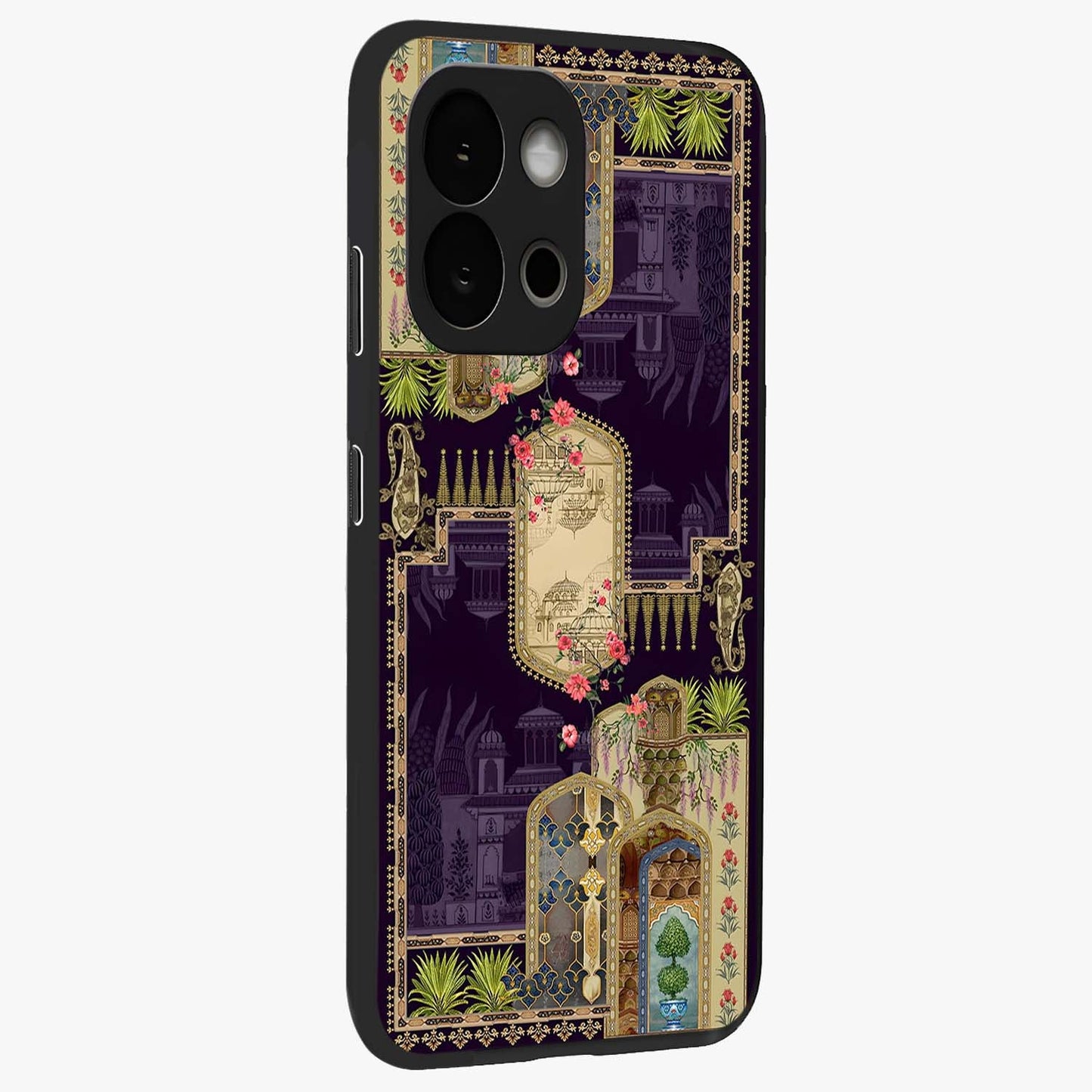 Velvet Mughal Art Glass Case for 1+13S side perspective highlighting ornate detailing and smooth premium build