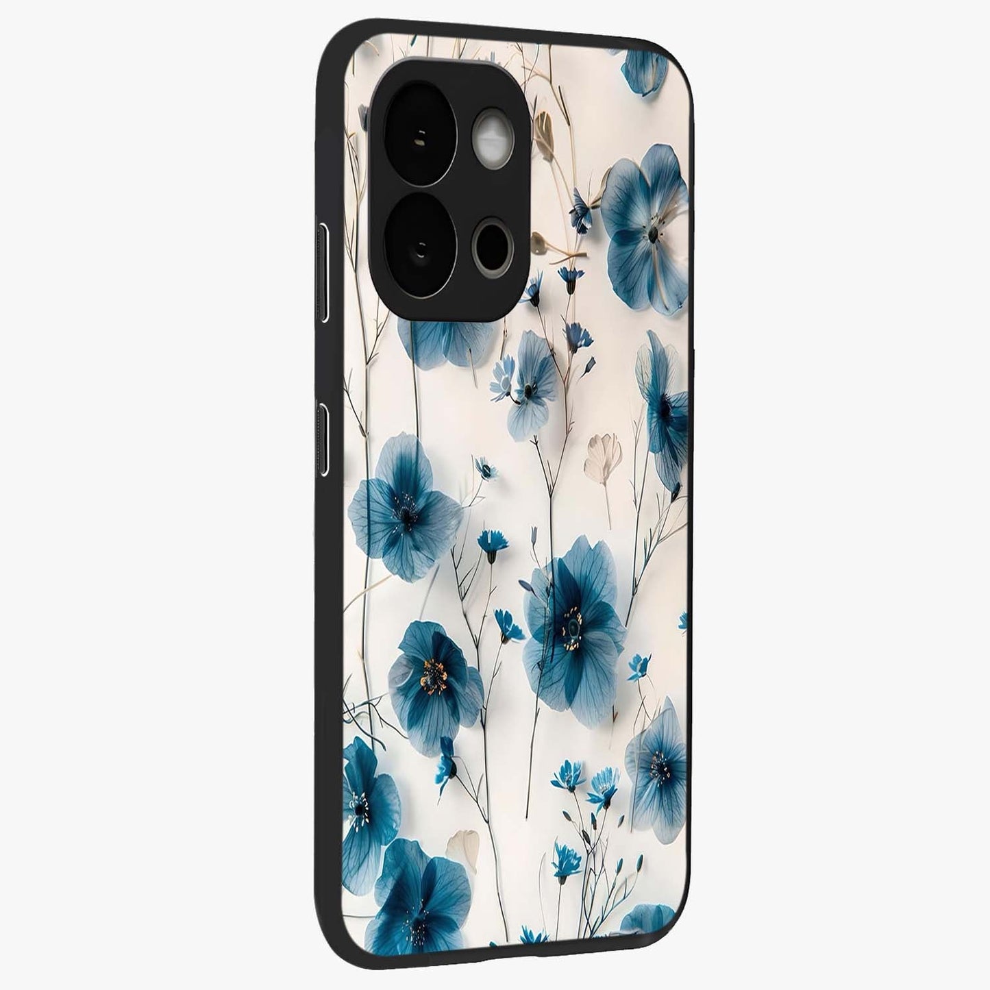 Whispers of Blue Bloom Glass Case for 1+13S side perspective highlighting intricate bloom textures and premium edges