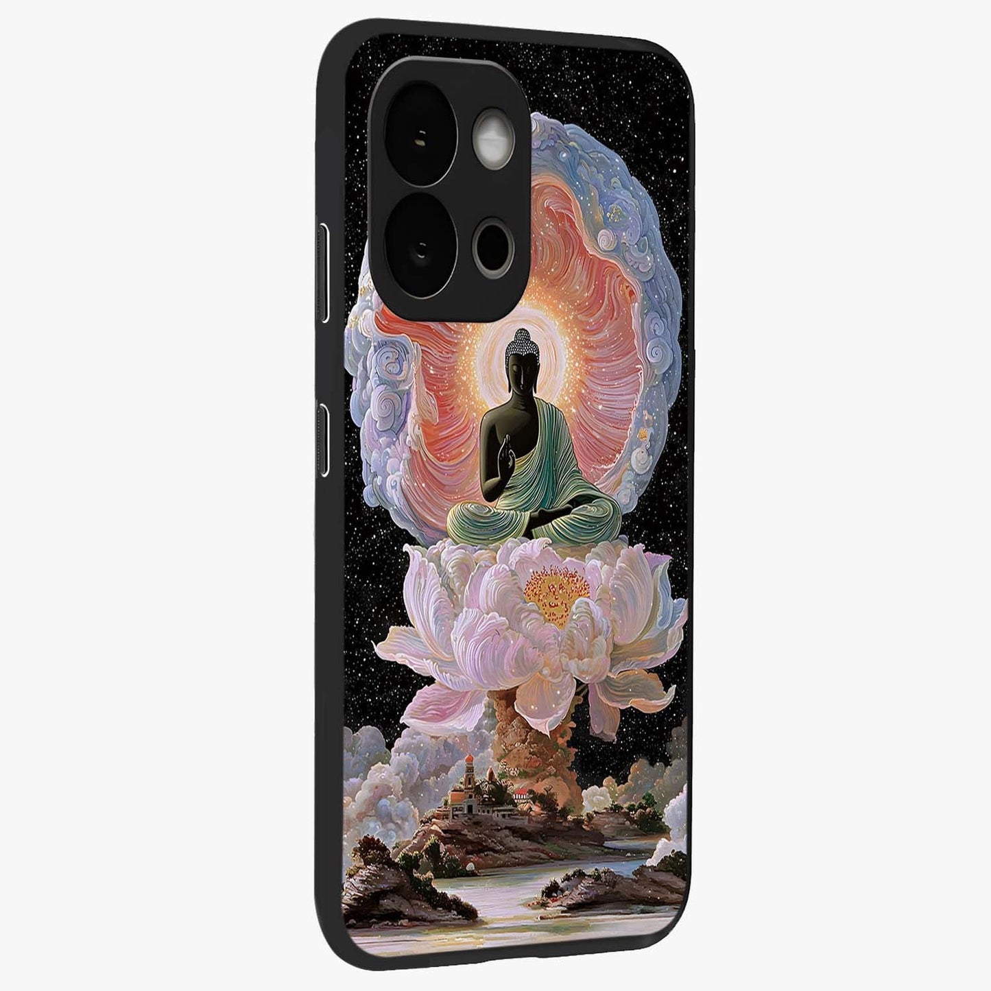 Zen Lotus Realm Glass Case for 1+13S side perspective highlighting refined textures and smooth premium build