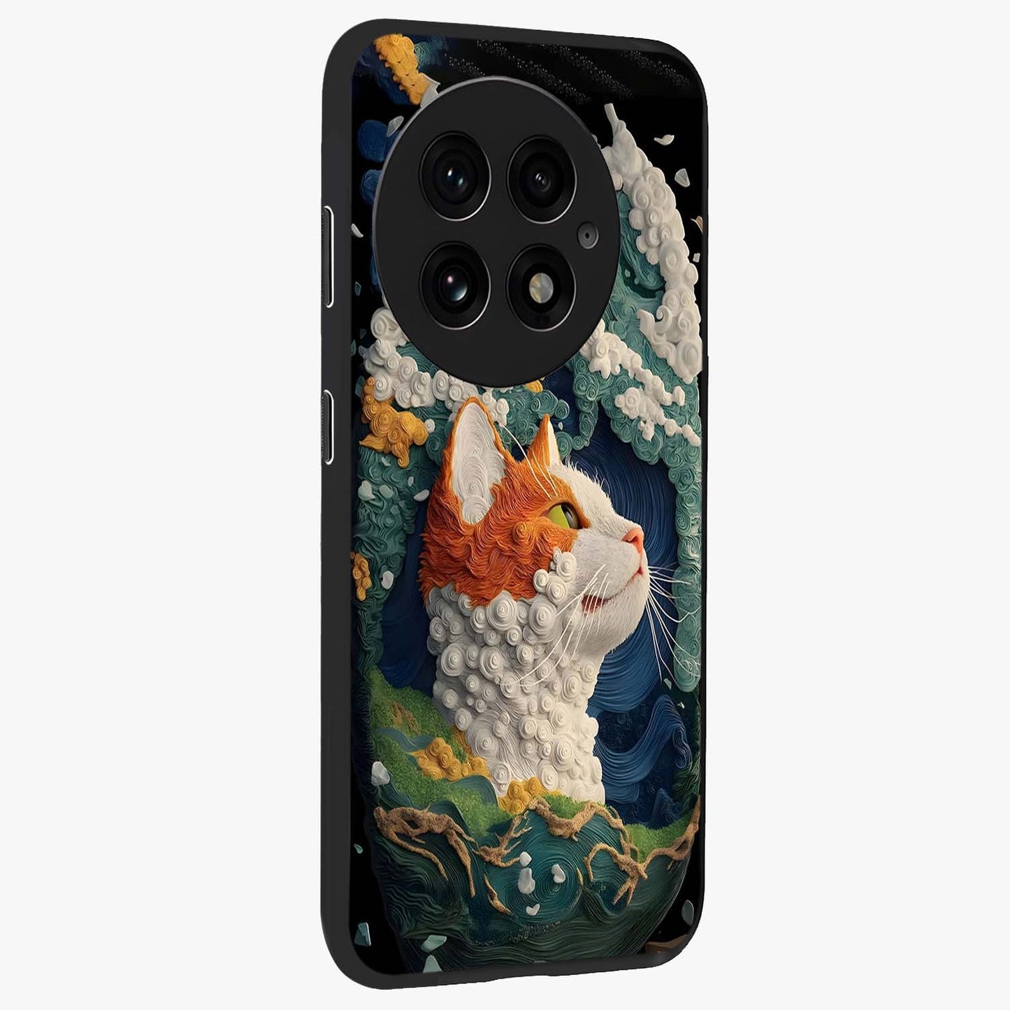Aurora Cat Dreams Glass Case for 1+13 side perspective highlighting detailed feline illustration and smooth edges