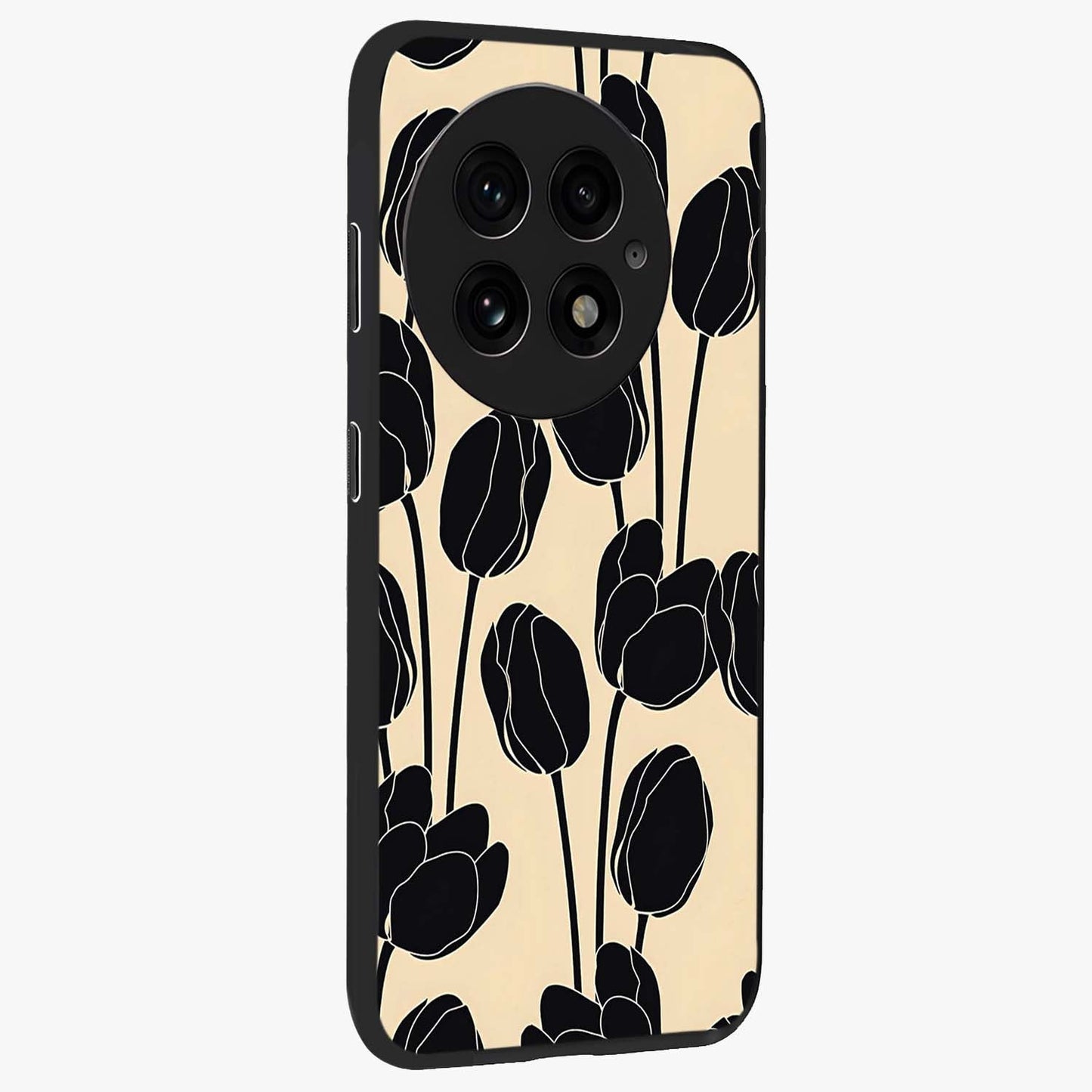 Black Designer Tulip Glass Case for 1+13 side perspective highlighting bold contrast and stylish tulip illustration