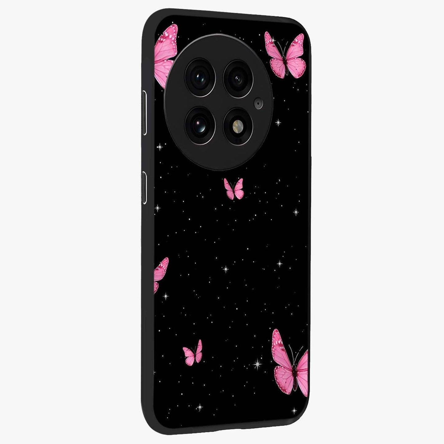 Blinking Butterfly Glass Case for 1+13 displayed upright for graceful aesthetic visibility and premium finish.