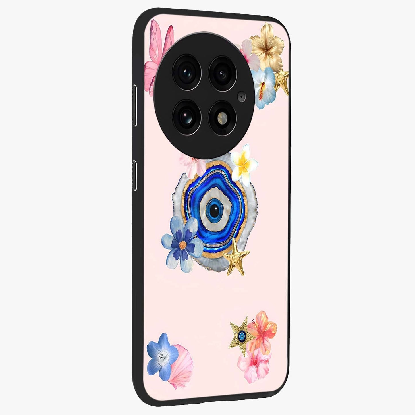Blossom Evil Charm Glass Case for 1+13 side perspective highlighting delicate blossom detailing and bold symbol contrast