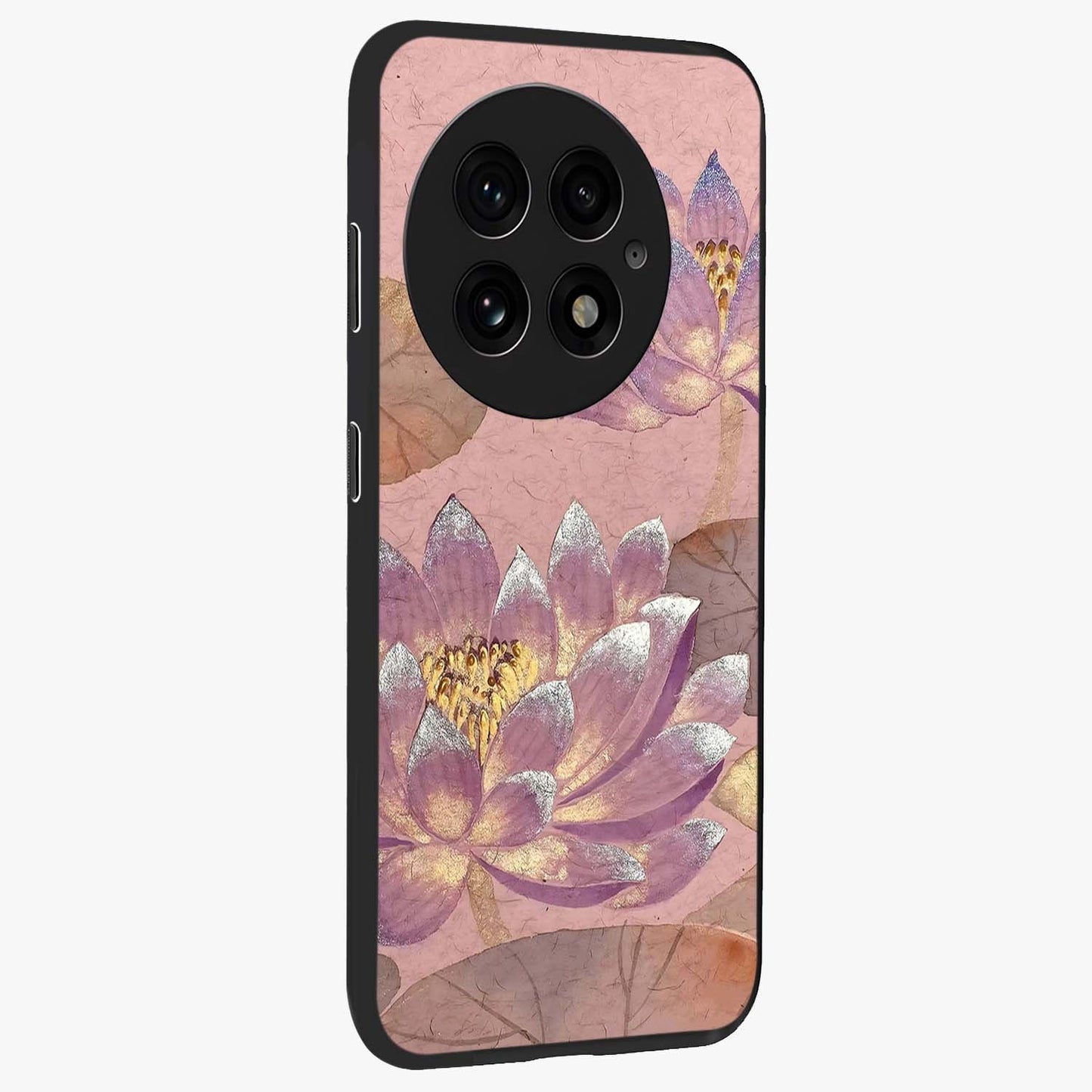 Blossom Mist Lotus Glass Case for 1+13 side perspective highlighting elegant lotus illustration and premium build