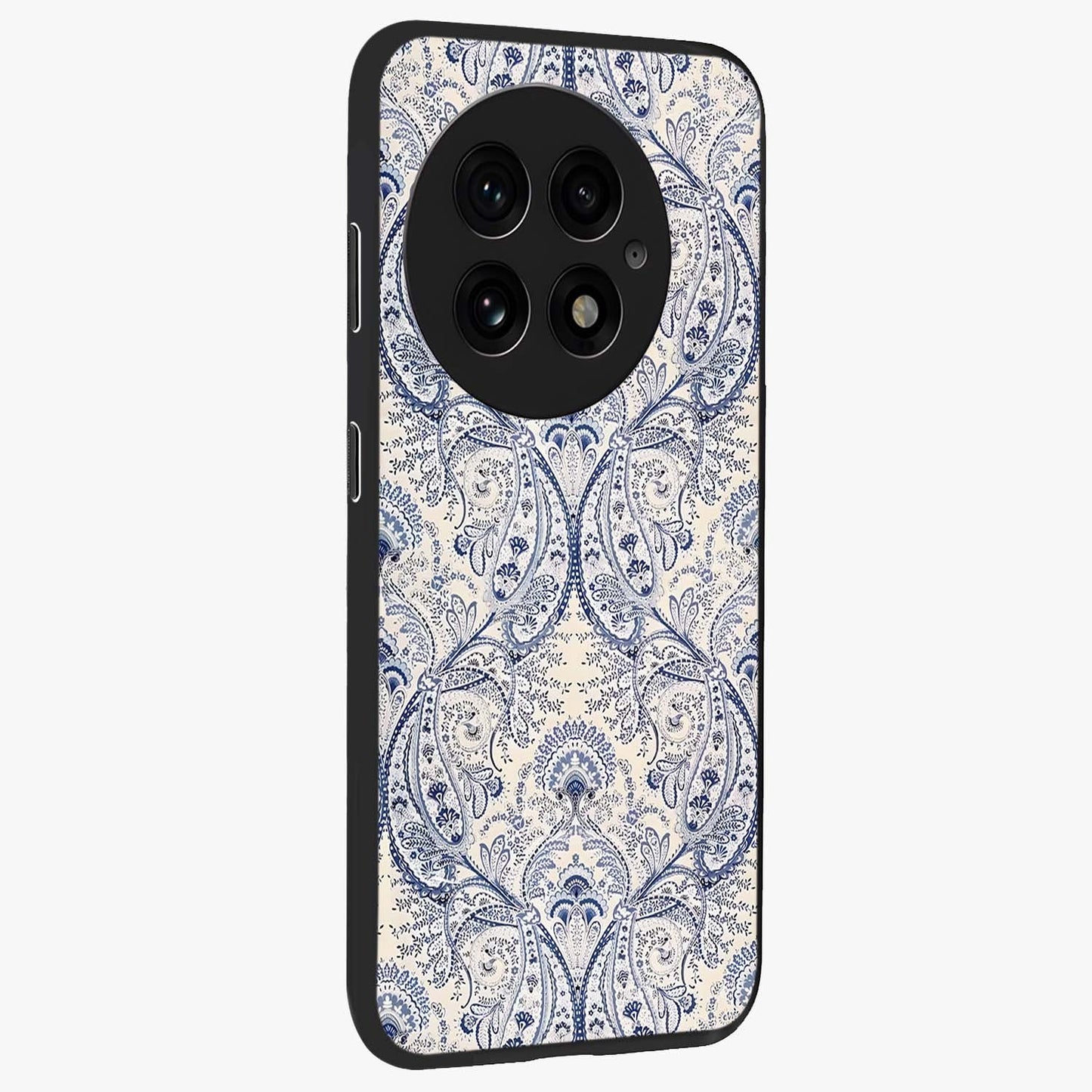 Blue Paisley Bloom Glass Case for 1+13 side perspective highlighting elegant paisley textures and premium build