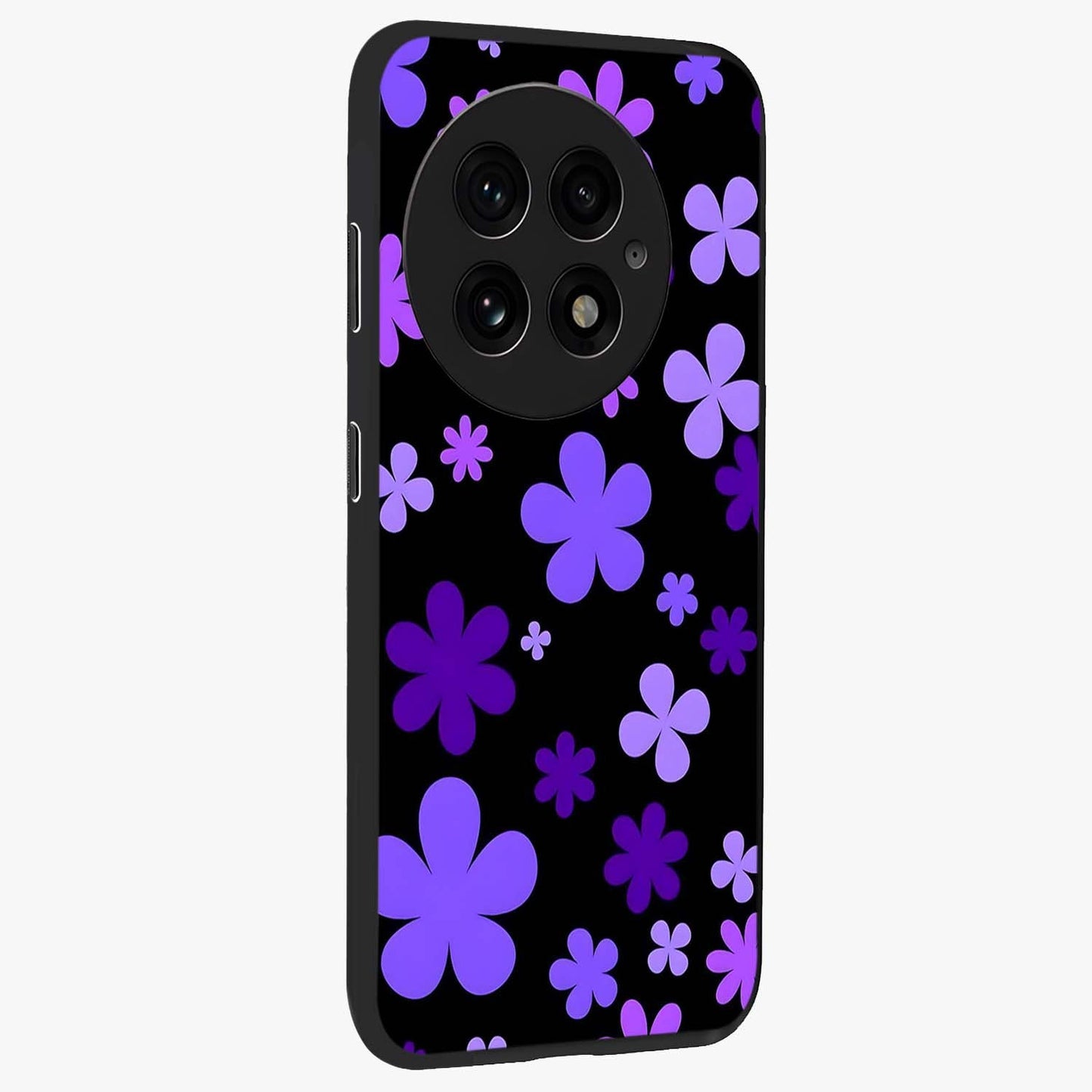 Blue Retro Pop Flowers Glass Case for 1+13 side perspective highlighting colorful vintage floral detailing
