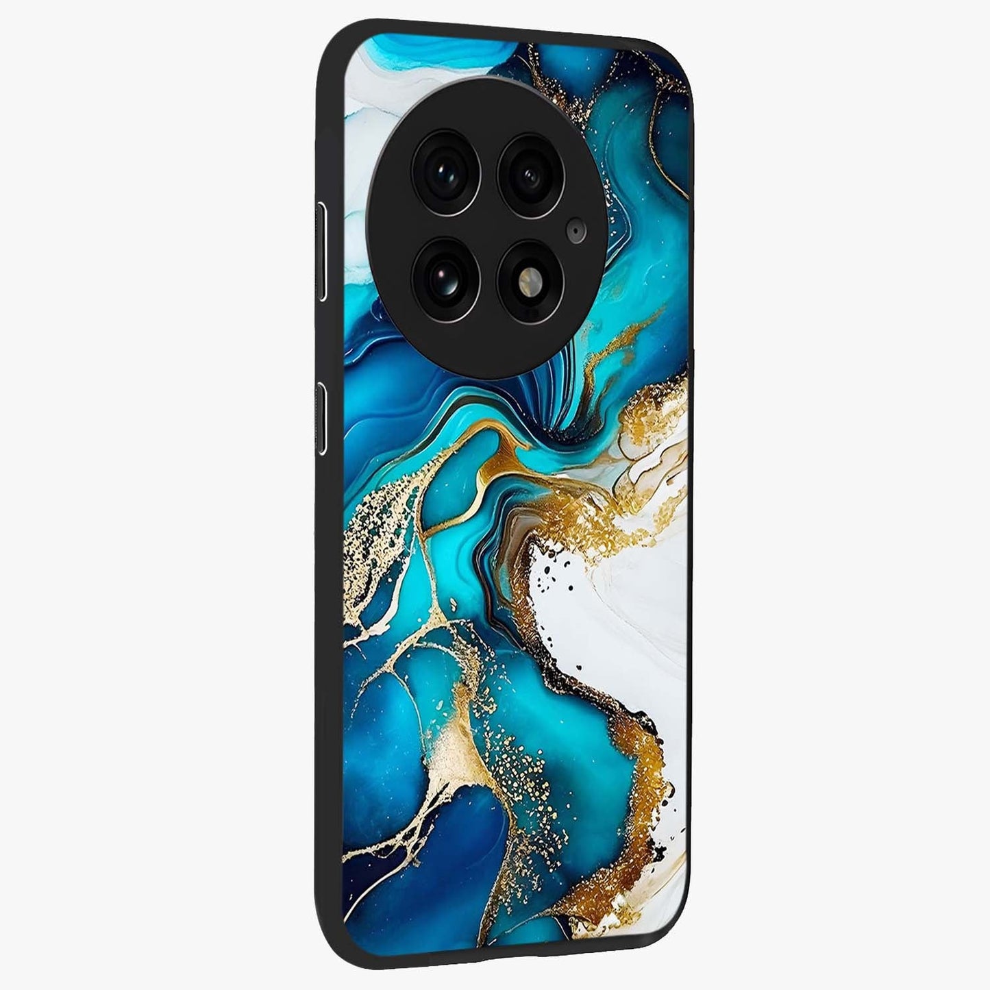 Blue and White Marble With Golden Viens Art Glass Case for 1+13 side perspective highlighting rich marble textures and elegant gold accents