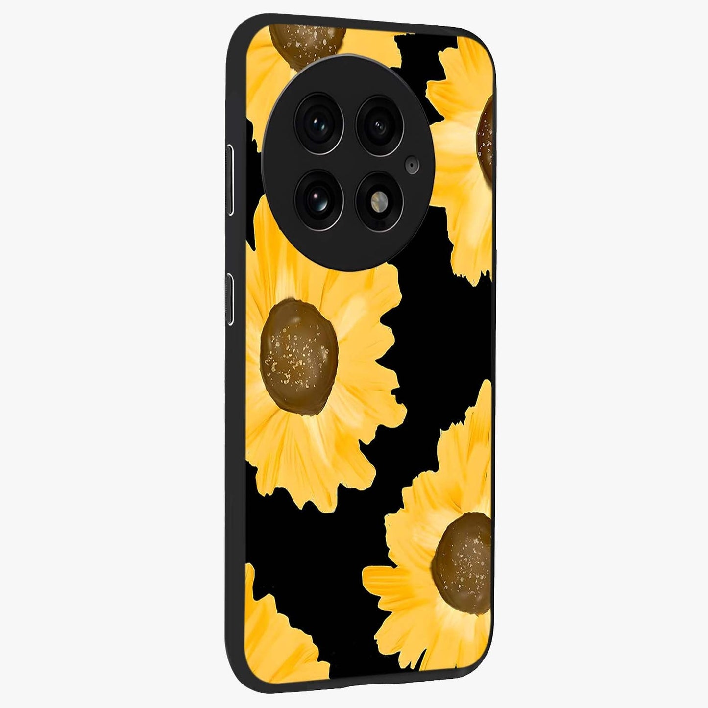 Bold Sunflowers Glow Glass Case for 1+13 side perspective highlighting rich yellow hues and premium edge finish