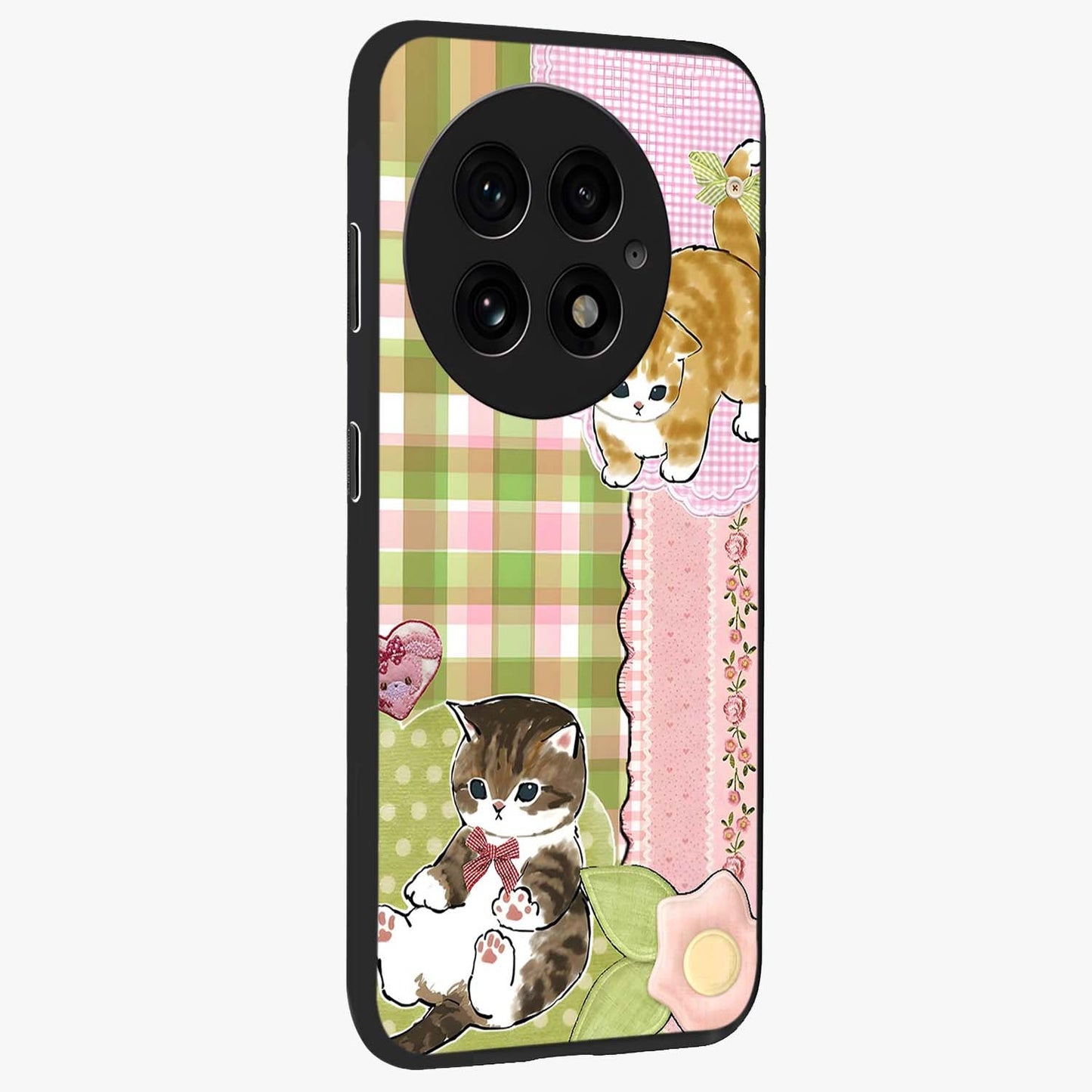 Cats Sweet Button Glass Case for 1+13 side perspective highlighting playful details and sleek premium build