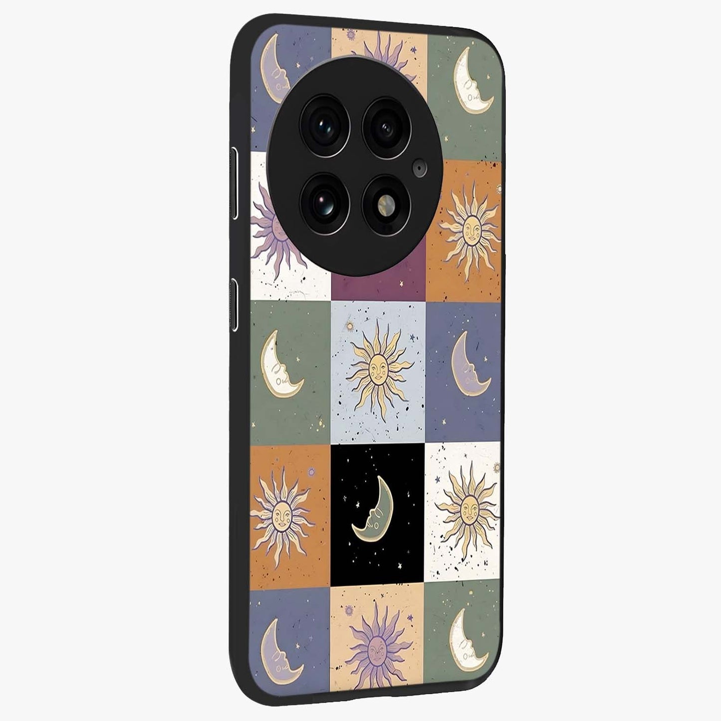 Celestial Patchwork Dreams Glass Case for 1+13 side perspective highlighting vibrant patchwork detailing and sleek edges