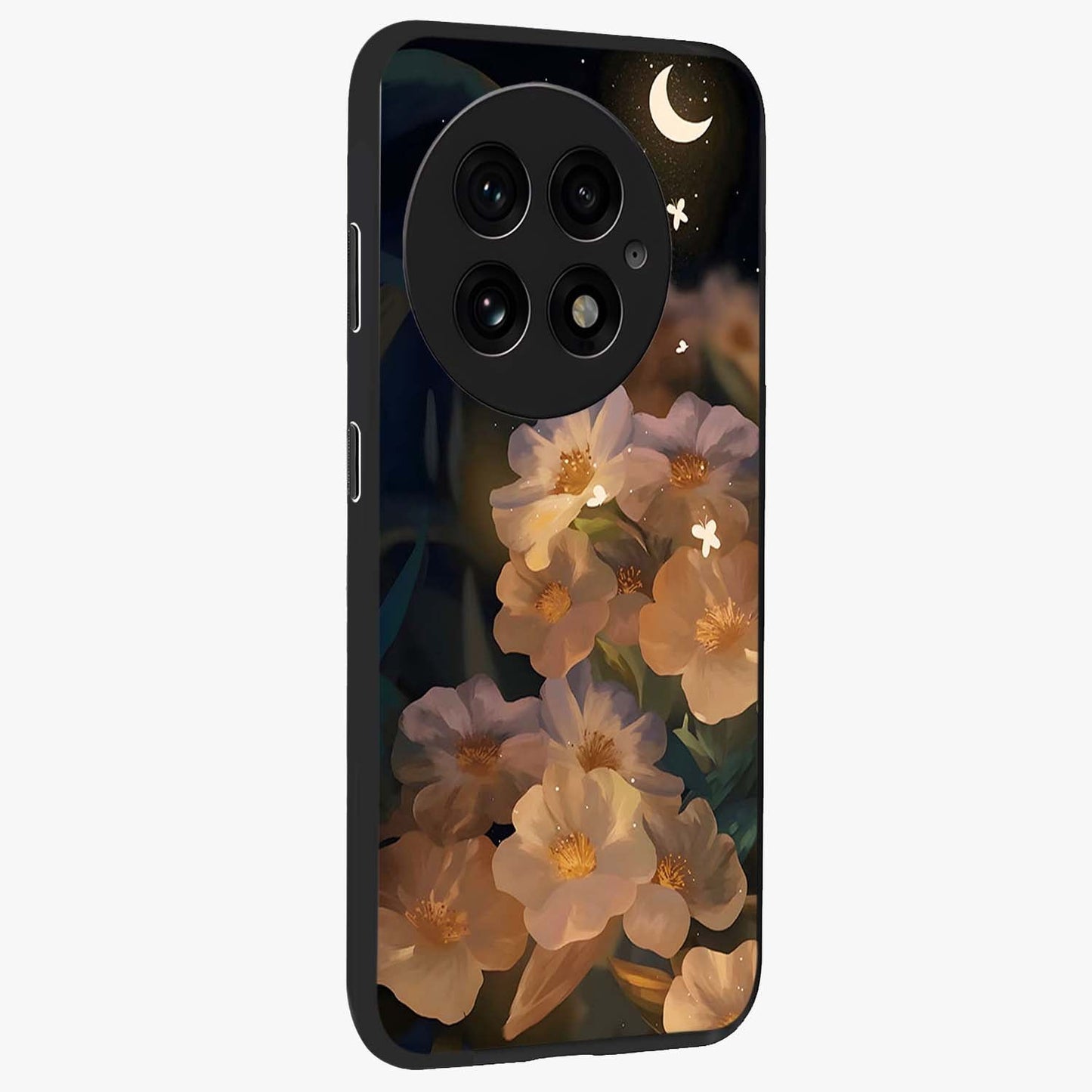 Celestial Petal Night Glass Case for 1+13 side perspective highlighting delicate petal details and premium edges